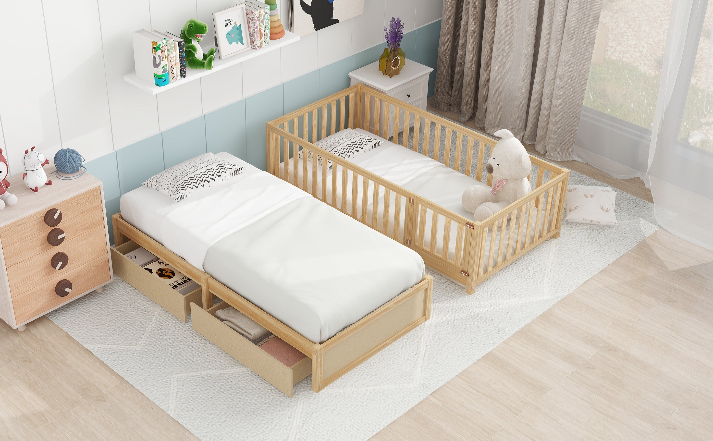 Twin Size Wood Daybed with Fence Guardrails and 2 Drawers, Split into Independent Floor Bed & Daybed, Natural(OLD SKU :LP000881AAN)