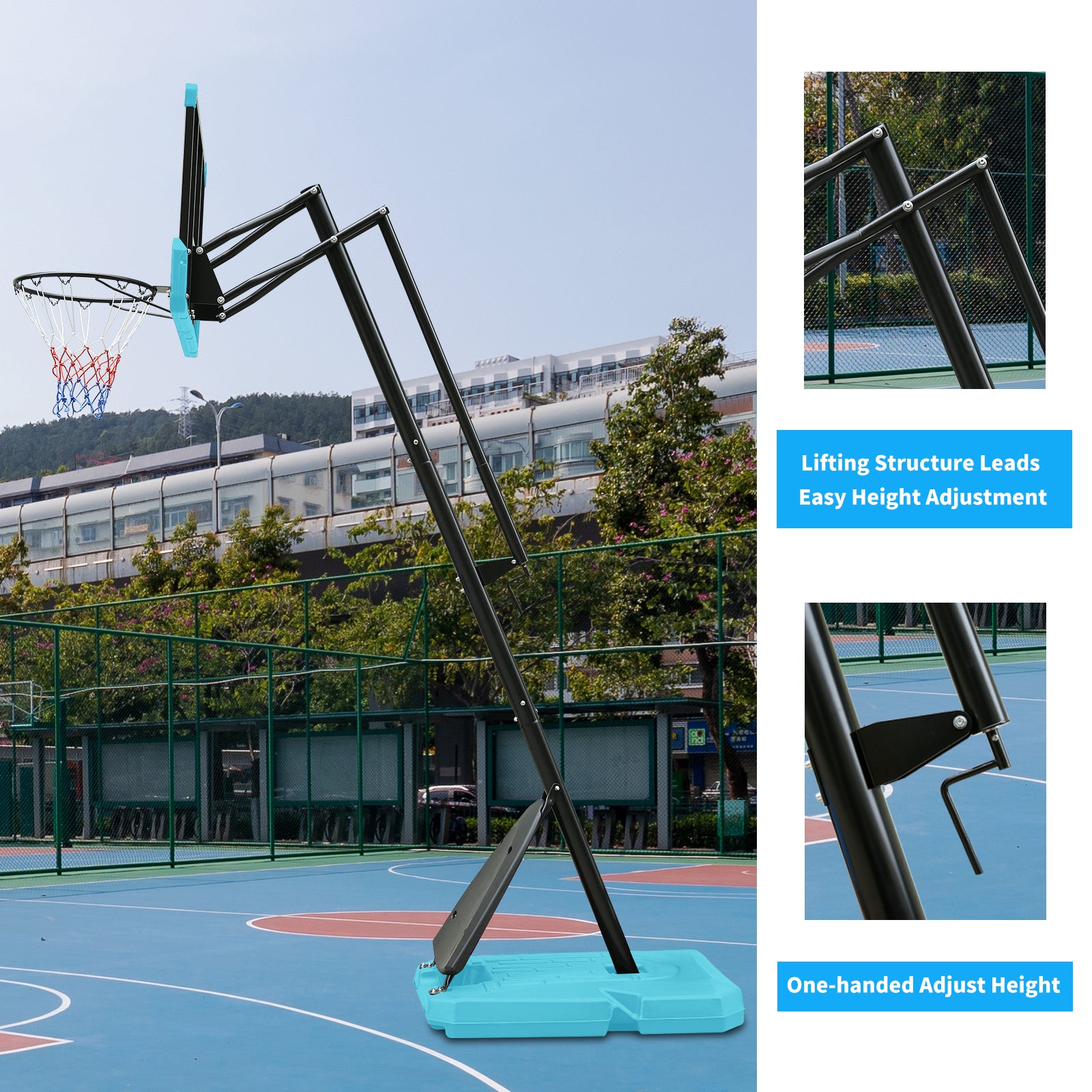 Height Adjustable Basketball Hoop, 7.5 to 10ft Adjustable Basketball Stand with 44 Inch Backboard, Portable Basketball Goal System with Stable Base and Wheels Blue