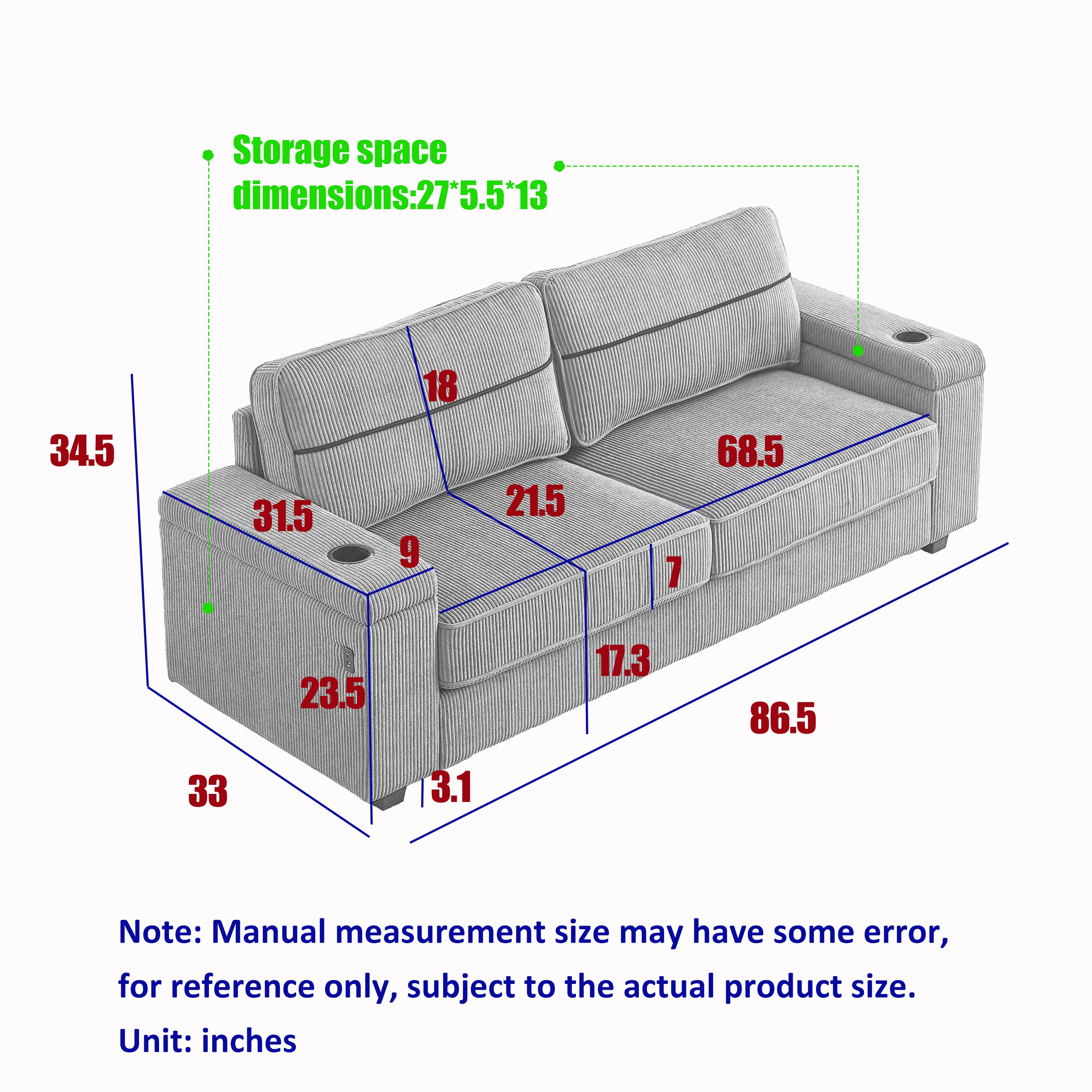 86.5 inch Sofa Couch- Deep Seat Sofa with two storage spaces, T-Pyce Charging Ports , USB Charging Ports & 2 Cup ,Corduroy 3 Seater Couch, Modern Sofas for Living Room