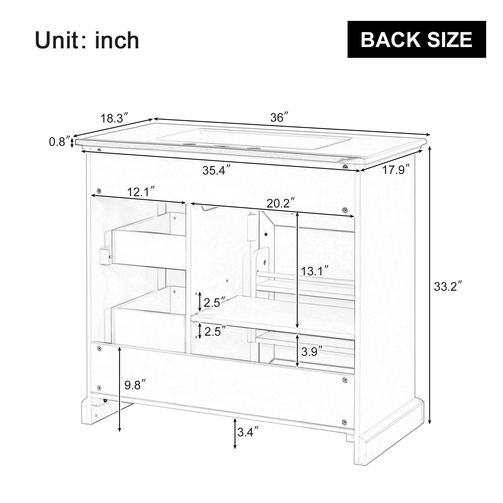 White bathroom vanity with 2 tip-out drawers open, storage detail