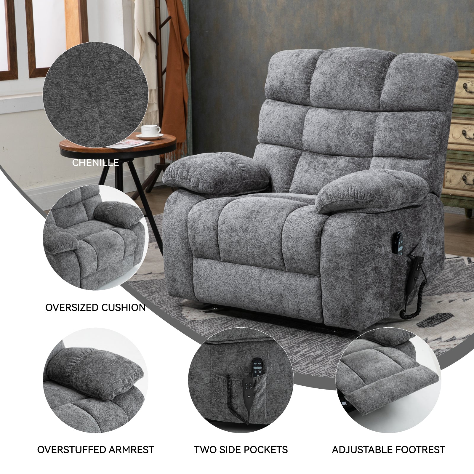 Lift Recliner Chair Heat Massage Dual Motor Infinite Position Up to 350 LBS Large Electric Power Lift Recliners with Power-Remote, Medium-firm and Heavy duty, Grey