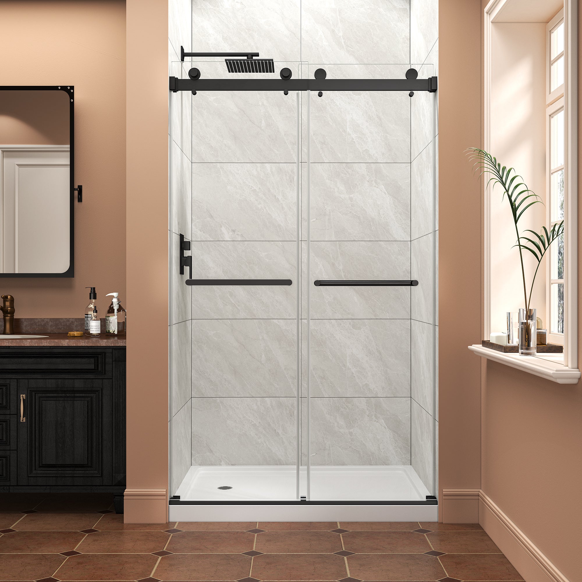 43-48 x 76 in reversible bypass shower door matte black front view