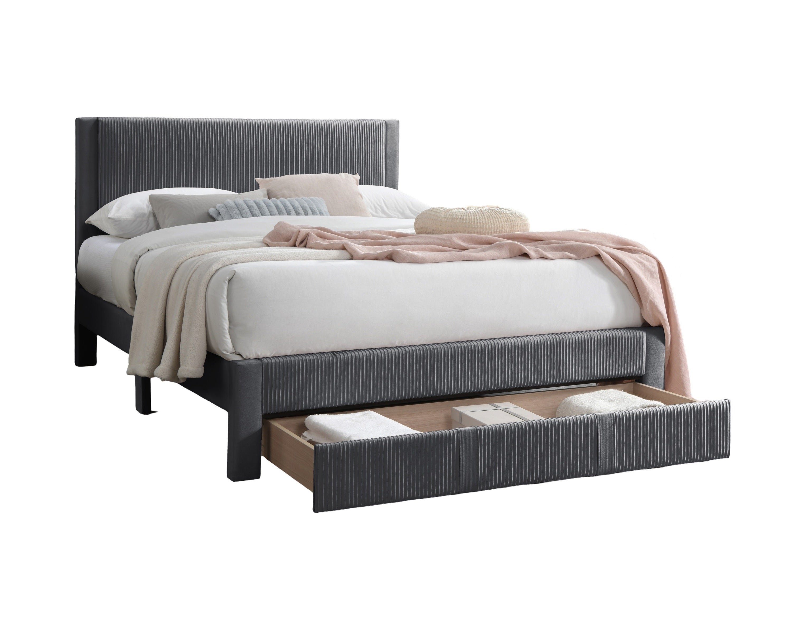 Contemporary 1pc Queen Size Bed w Storage Drawer Charcoal Corduroy Texture Design Platform Bedframe