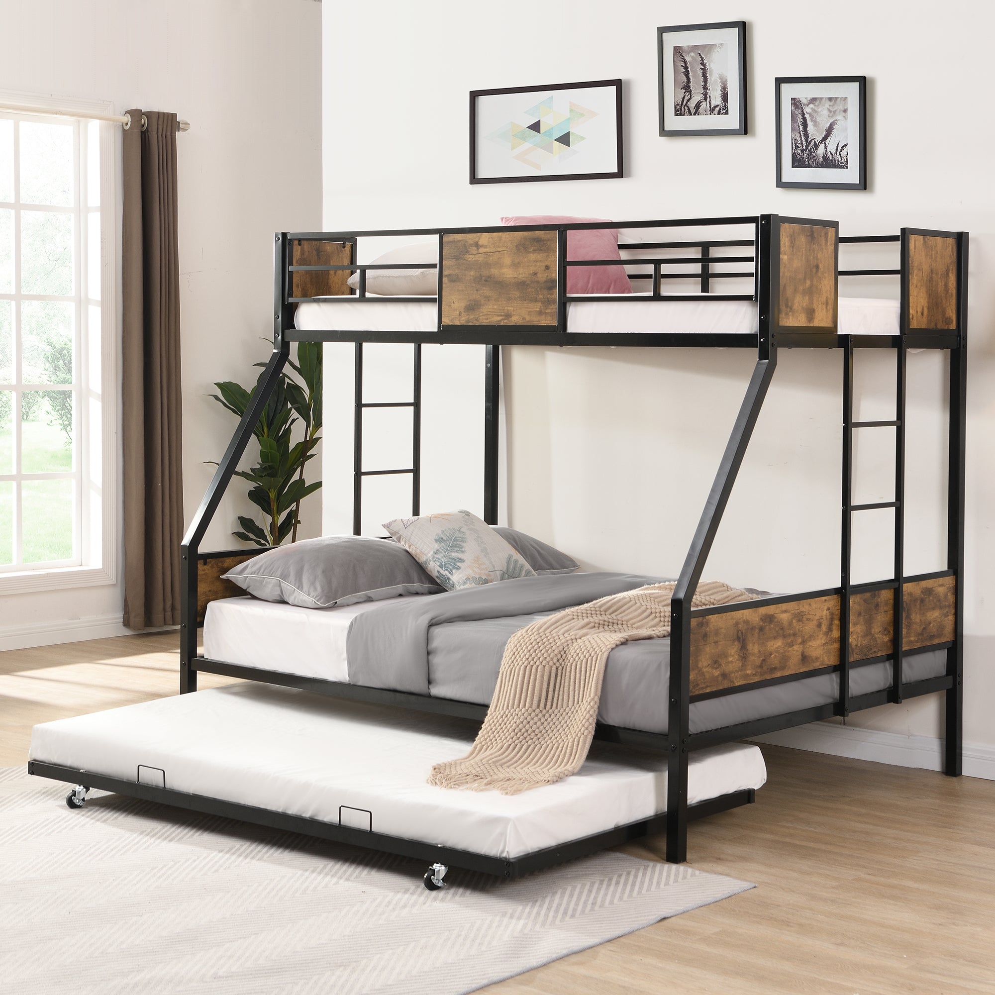 Twin Over FULL  Metal Bunk Bed  with Trundle  2 - Side Ladder and Full-Length Guardrail, No Box Spring Needed, Large Under Bed Storage, Easy Assemble , Black &  Brown