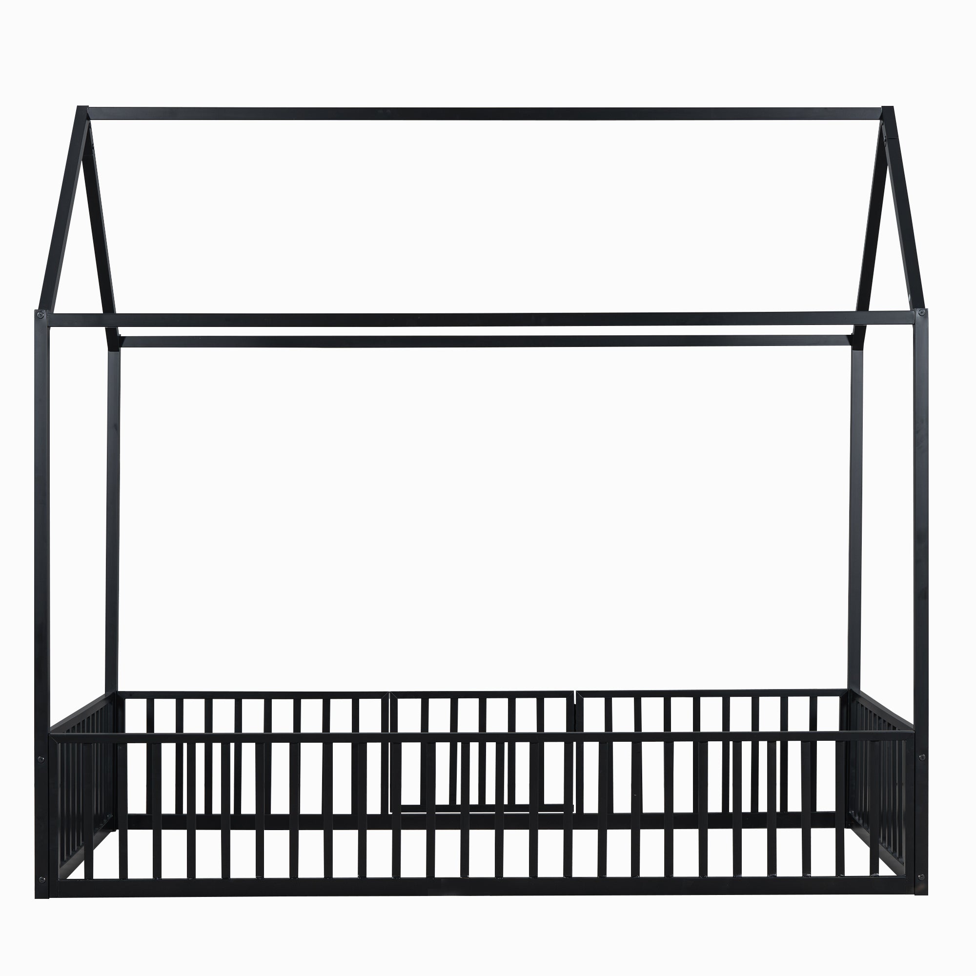 Twin Size Metal House Bed with Fence and Door, Black