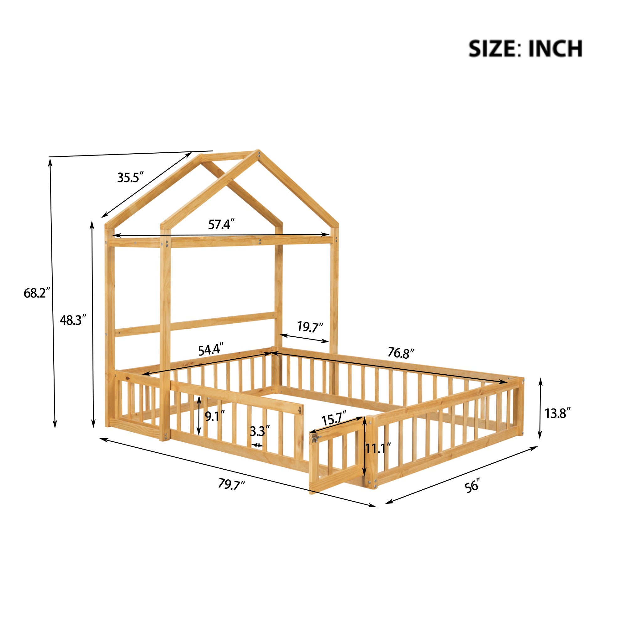 Wooden Floor Bed with Fence Railings and Detachable House Shape Headboard,Full Size Bed with Kids Dress Up Rack, Kids Montessori Style Playhouse Frame for Girls Boys, Natural