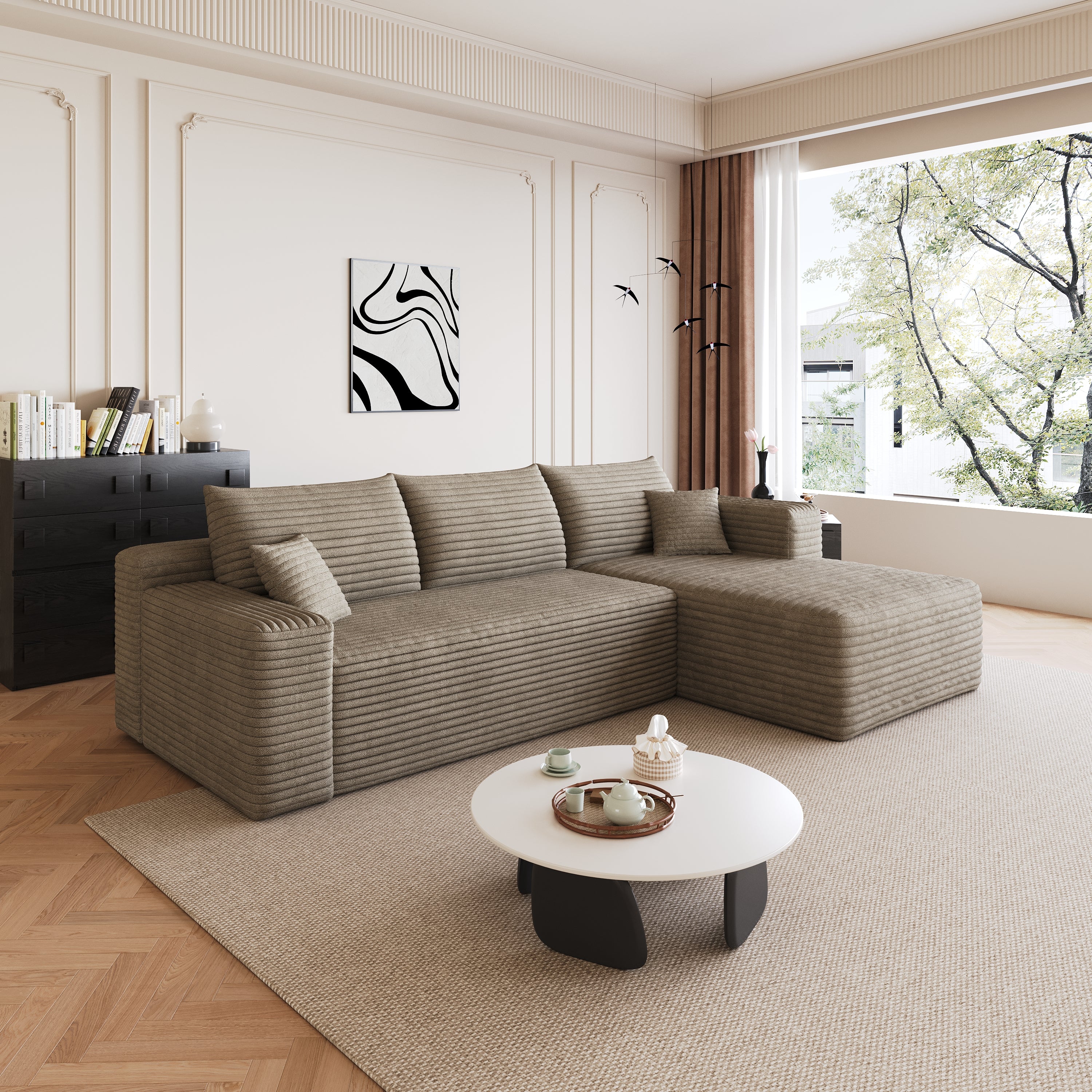 Camel corduroy sectional sofa, corduroy fabric detail