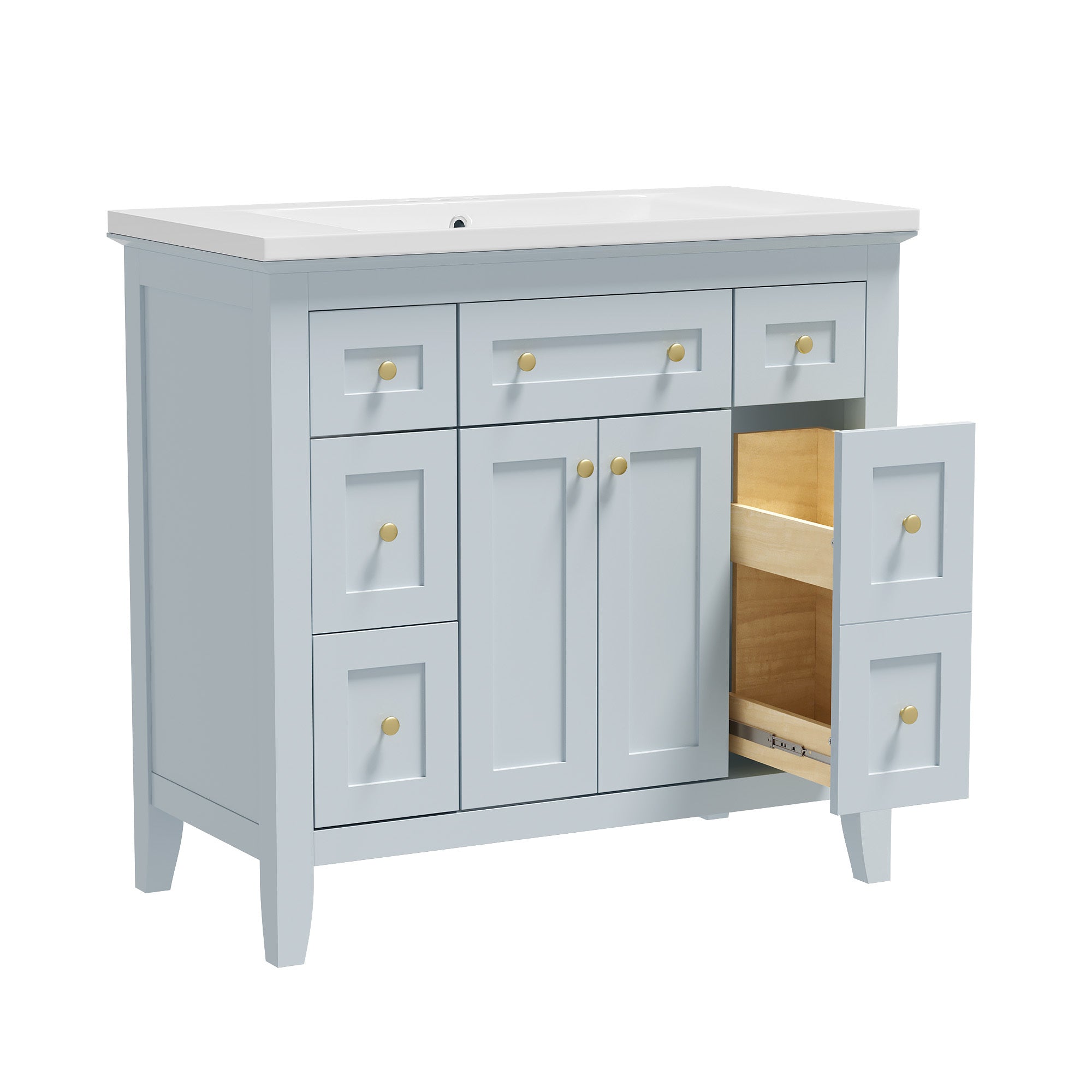 36'' Bathroon Vanity with Resin Sink Combo Set, Modern Freestanding Single Bathroom Cabinet with 6 Drawers & 2 Cabinets, Storage Cabinet for Bathroom, Solid Wood Frame Vanity Set, Light Blue