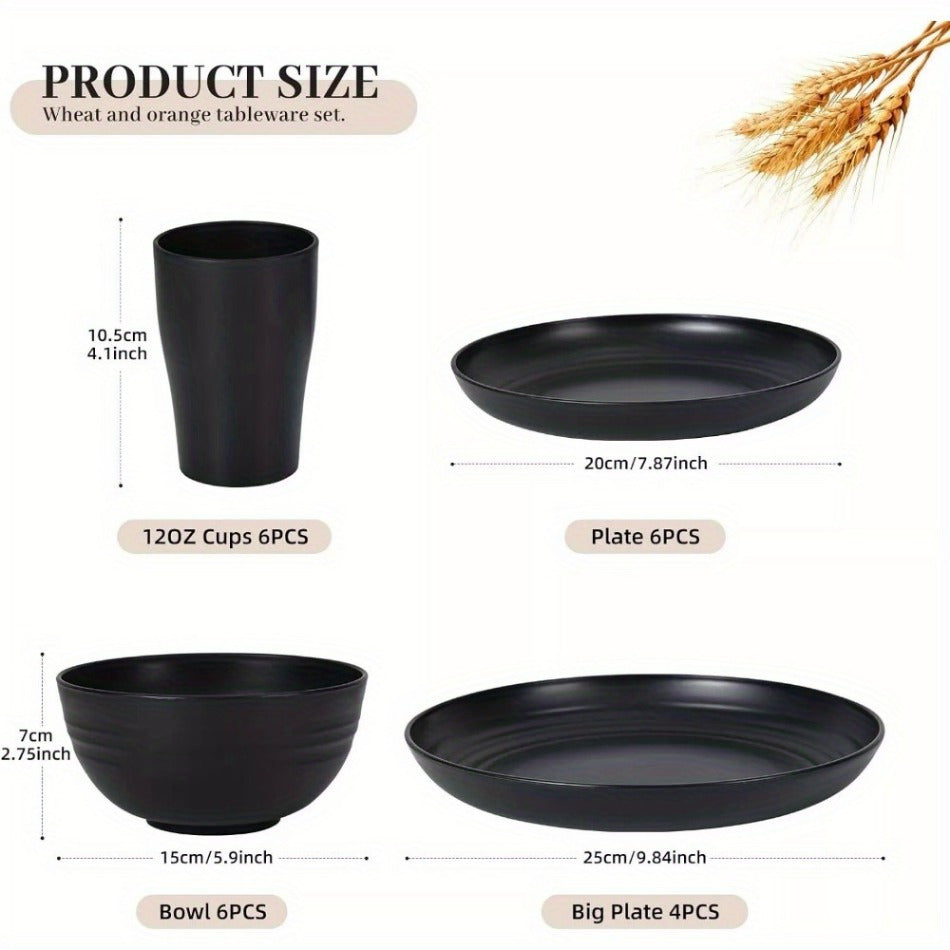 32 Piece Wheat Straw Dinnerware Set - Black Plates and Bowls for 8, Unbreakable,