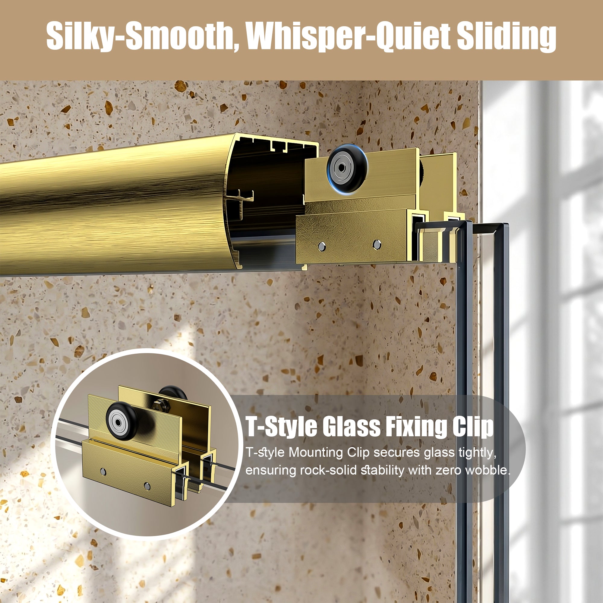 Brushed gold double sliding shower door, 44-48 inch, installed bathroom view