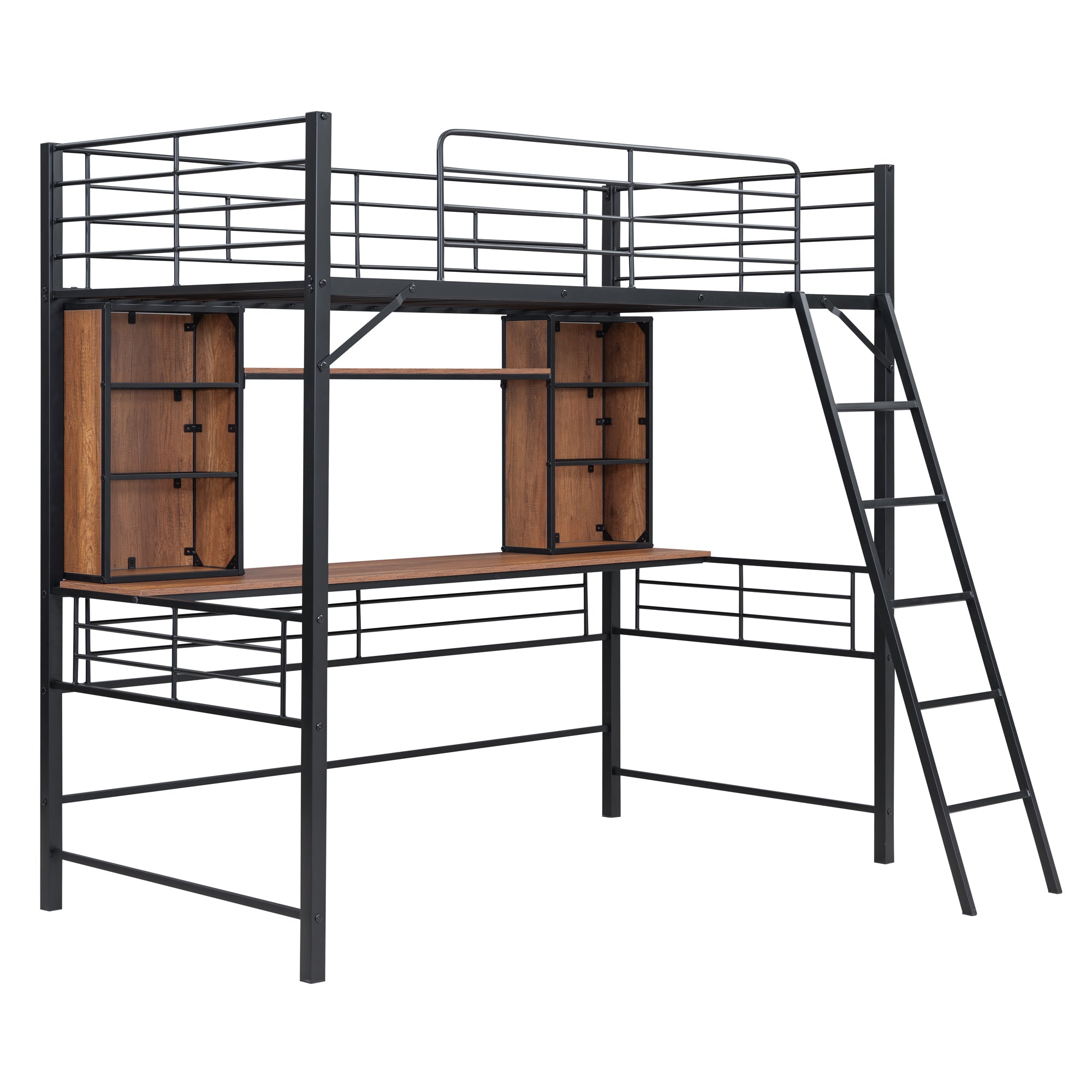 Twin Size Loft Bed with Desk and Shelf , Loft Bed with Ladder,Twin,Black