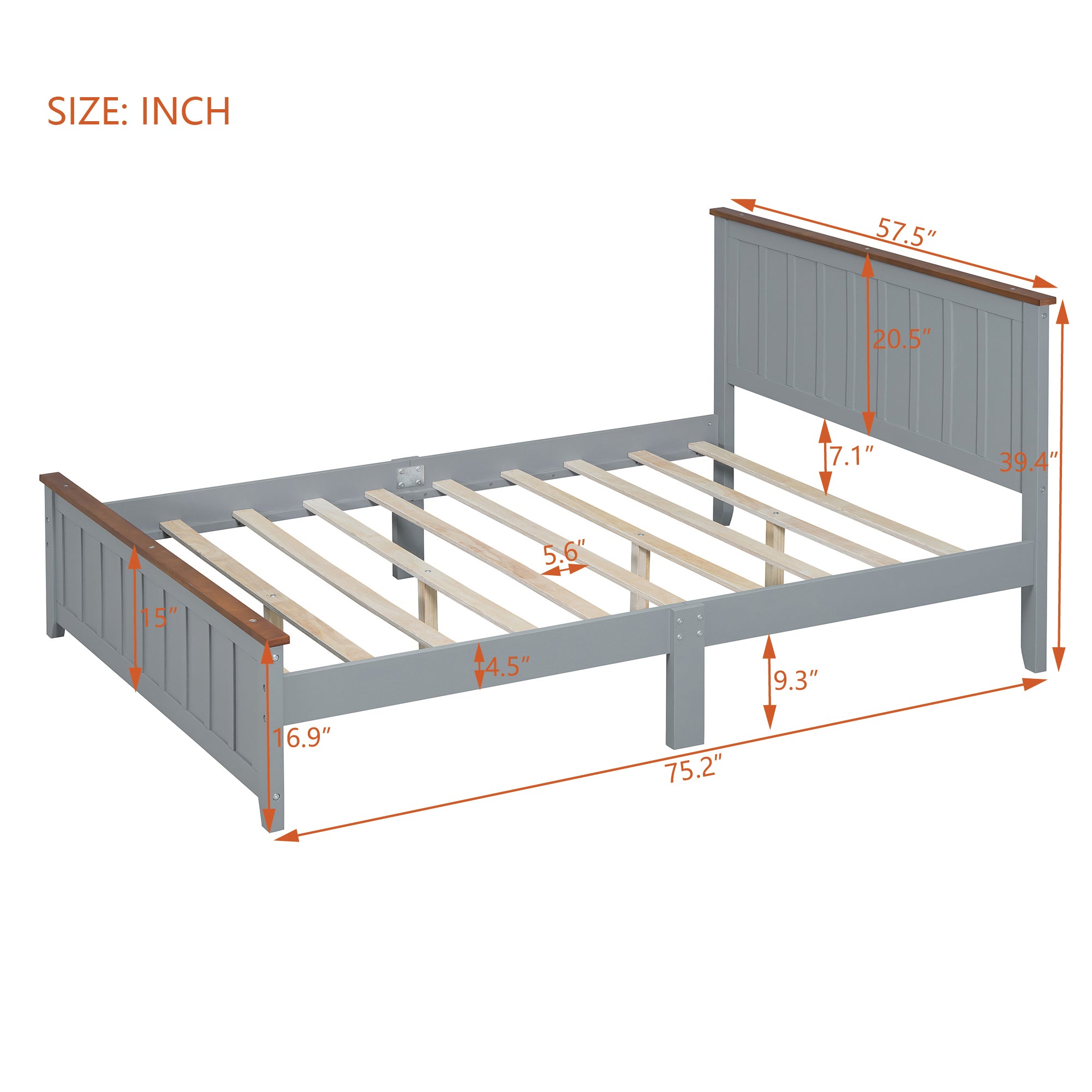 Full Size Wood Platform Bed Wooden Slat Support, Vintage Simple Bed Frame with Rectangular Headboard and Footboard, Grey