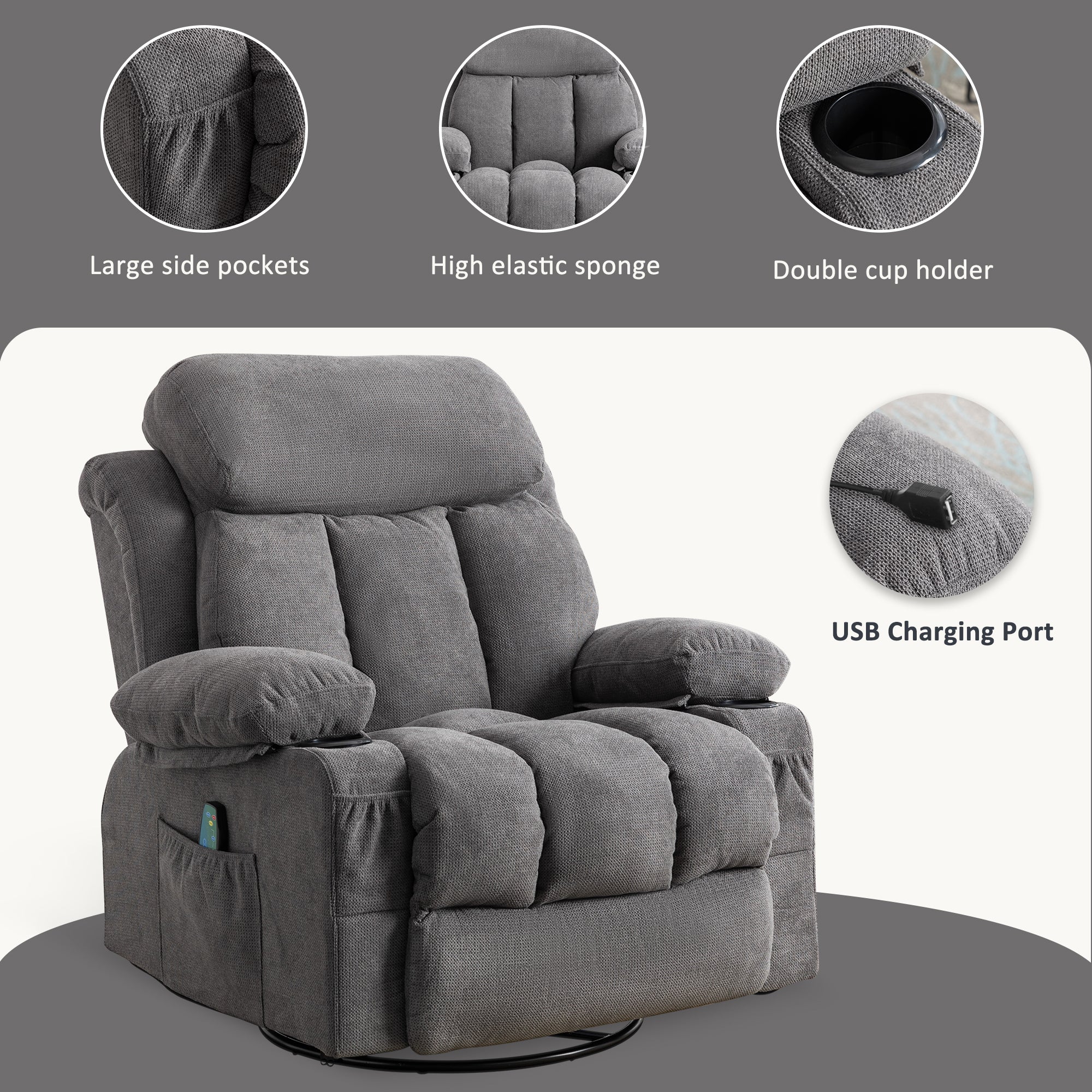 Vanbow.Swinging recliner massage heated sofa, with USB and 2 cup holders in side pockets, PackageA+B (gray fabric )