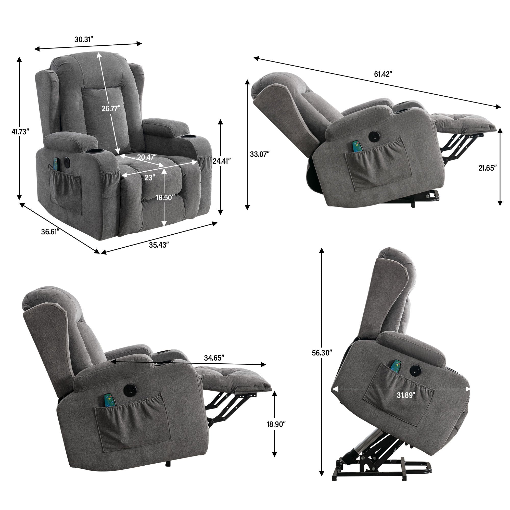 Power Lift Recliner Chair Recliners for Elderly with Heat and Massage Recliner Chair for Living Room with Infinite Position and Side Pocket,USB Charge Port(GREY)