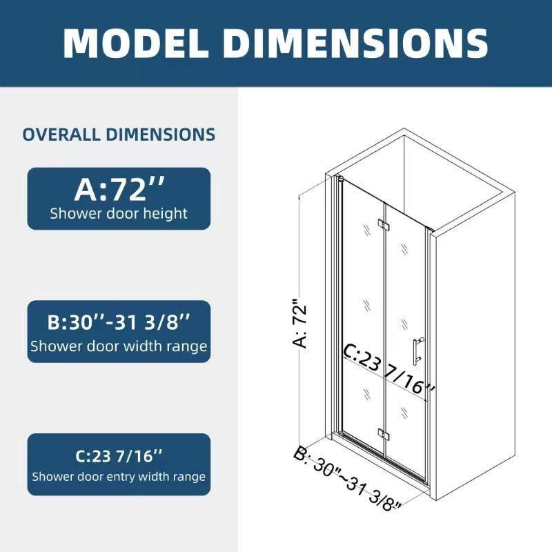 Adjustable Pivot Shower Door: 30"W x 72"H, 1/4" Tempered Glass