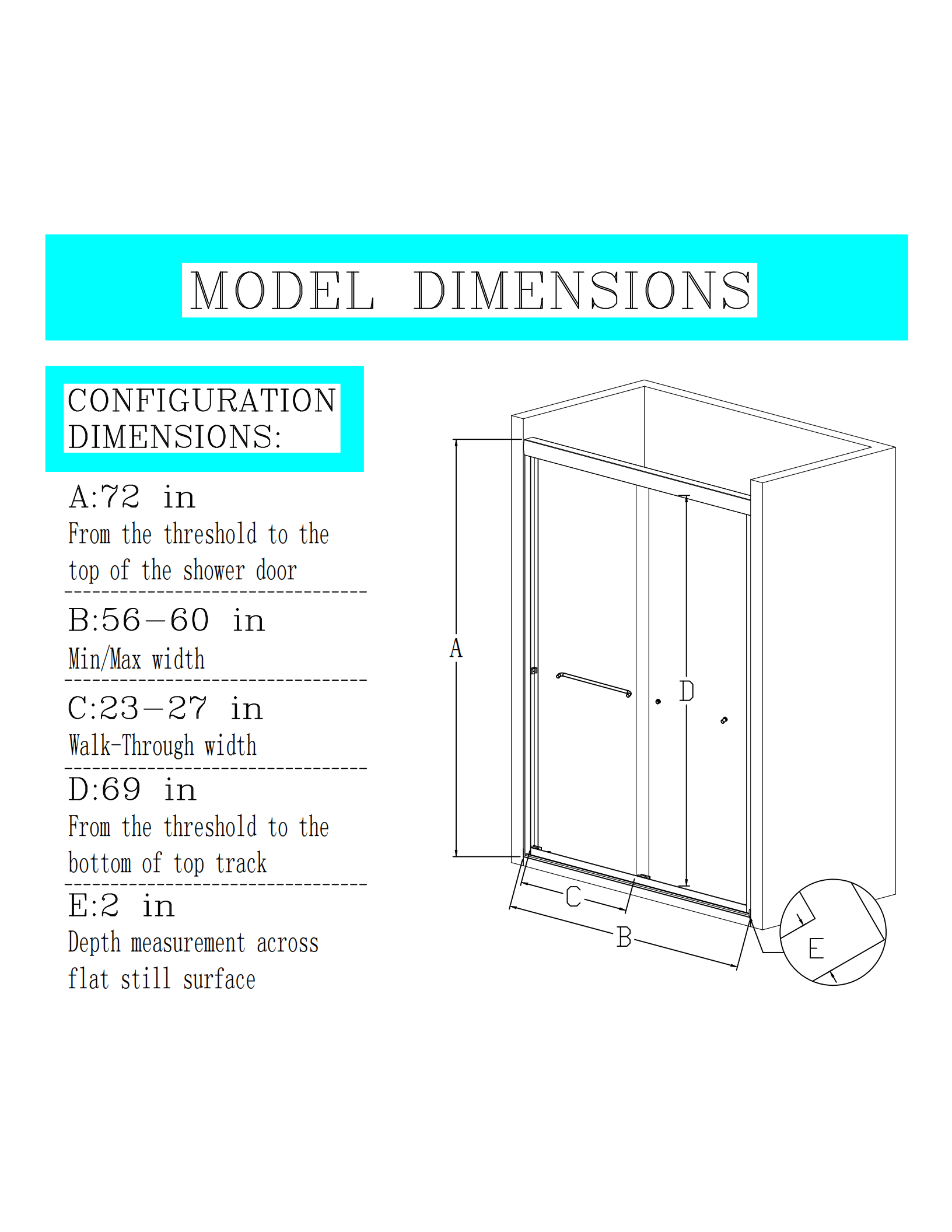 56"-60"W x 72" H  Semi-Frameless Double Sliding Shower Door, Bypass Shower Door, 1/4" (6mm) Thick SGCC Tempered Glass Door,  Matte Black