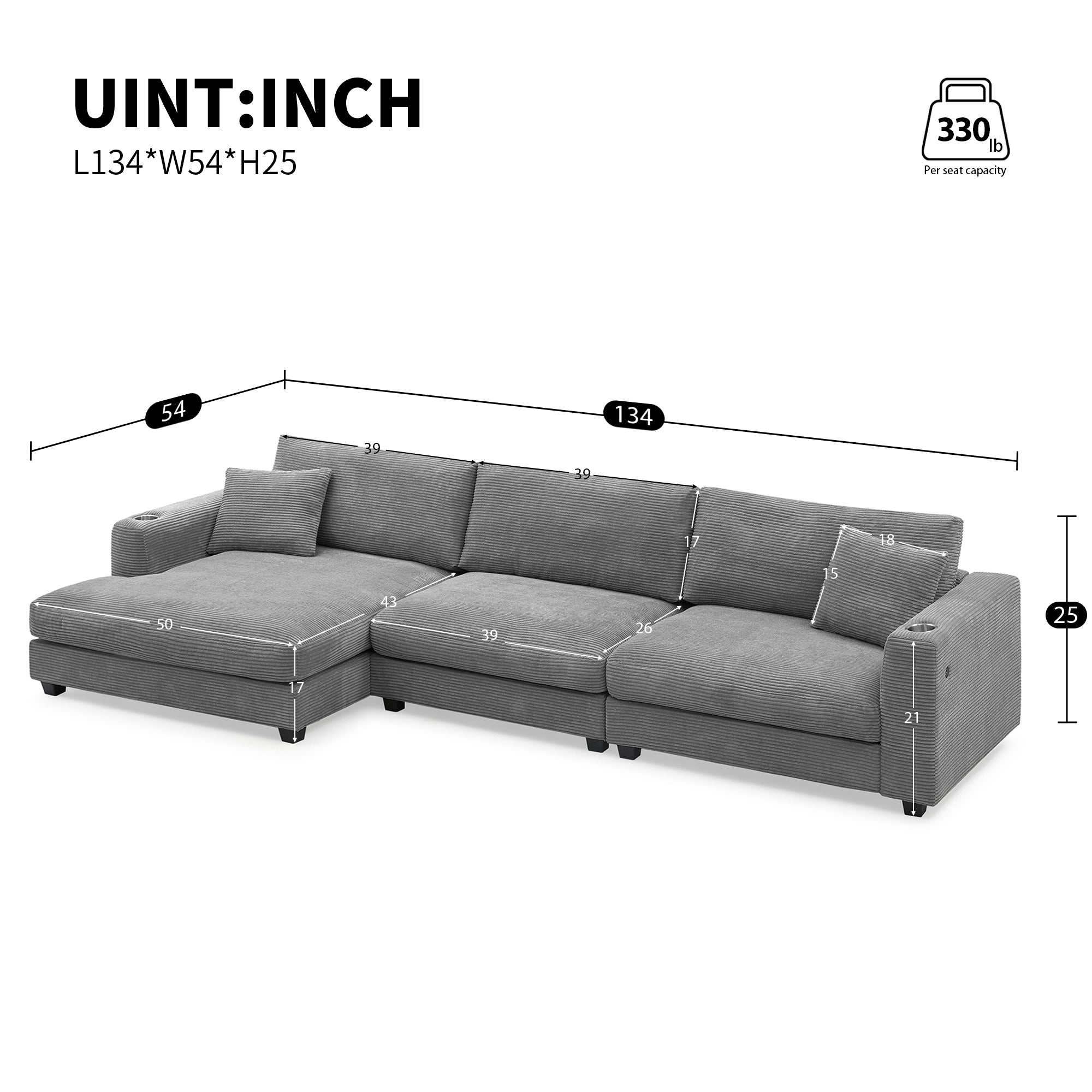 [VIDEO provided][New]134*54"Oversized Corduroy Sectional Sofa,L Shaped Cloud Couch with USB Charging Port,Cup Holder,Deep Seat Sofa Bed with 50" Chaise,Comfy Indoor Furniture for Living Room,3 Colors