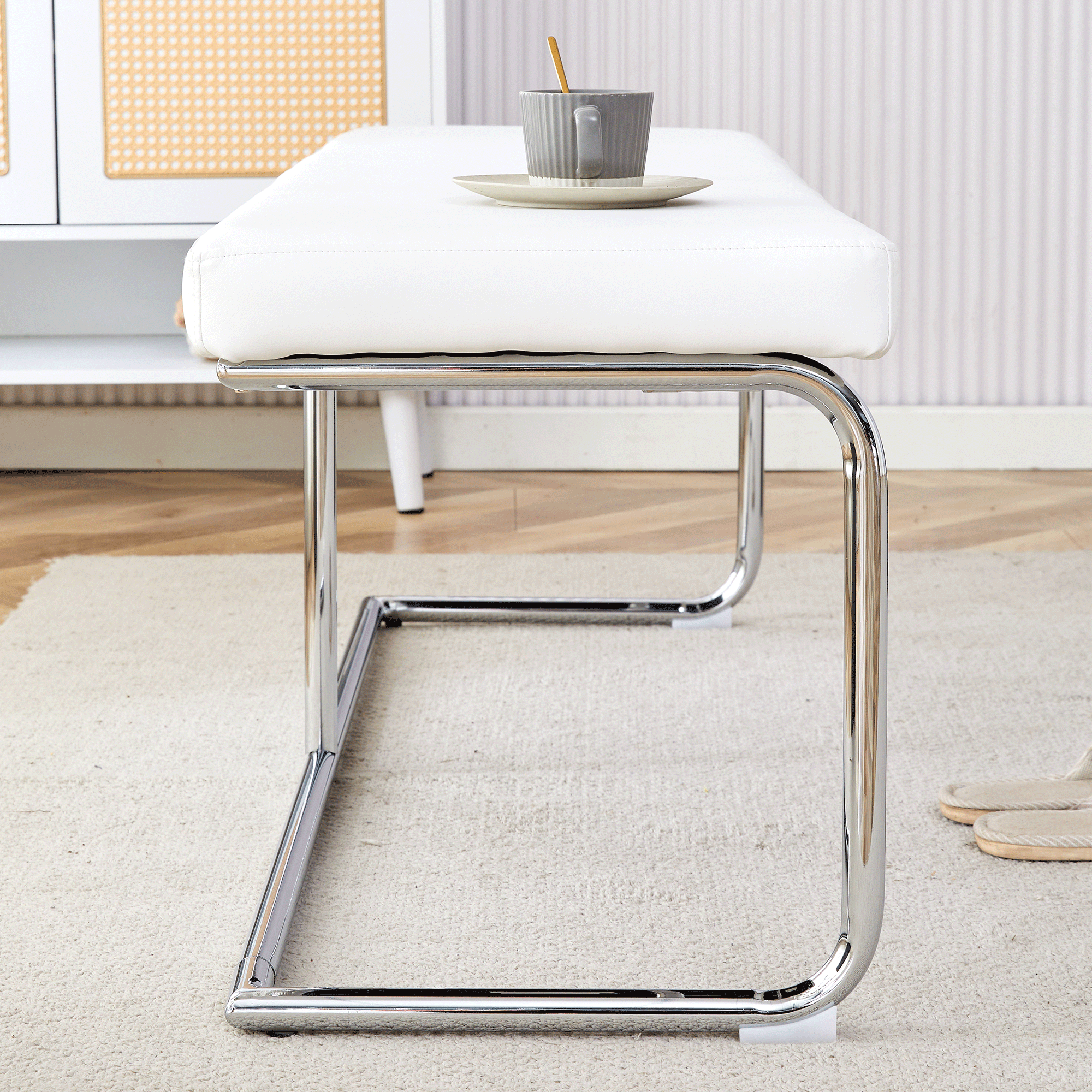 White shoe changing stool, silver metal legs, sofa stool dining chair, suitable for bedroom ,fitting room, storage room, dining room, living room. 005