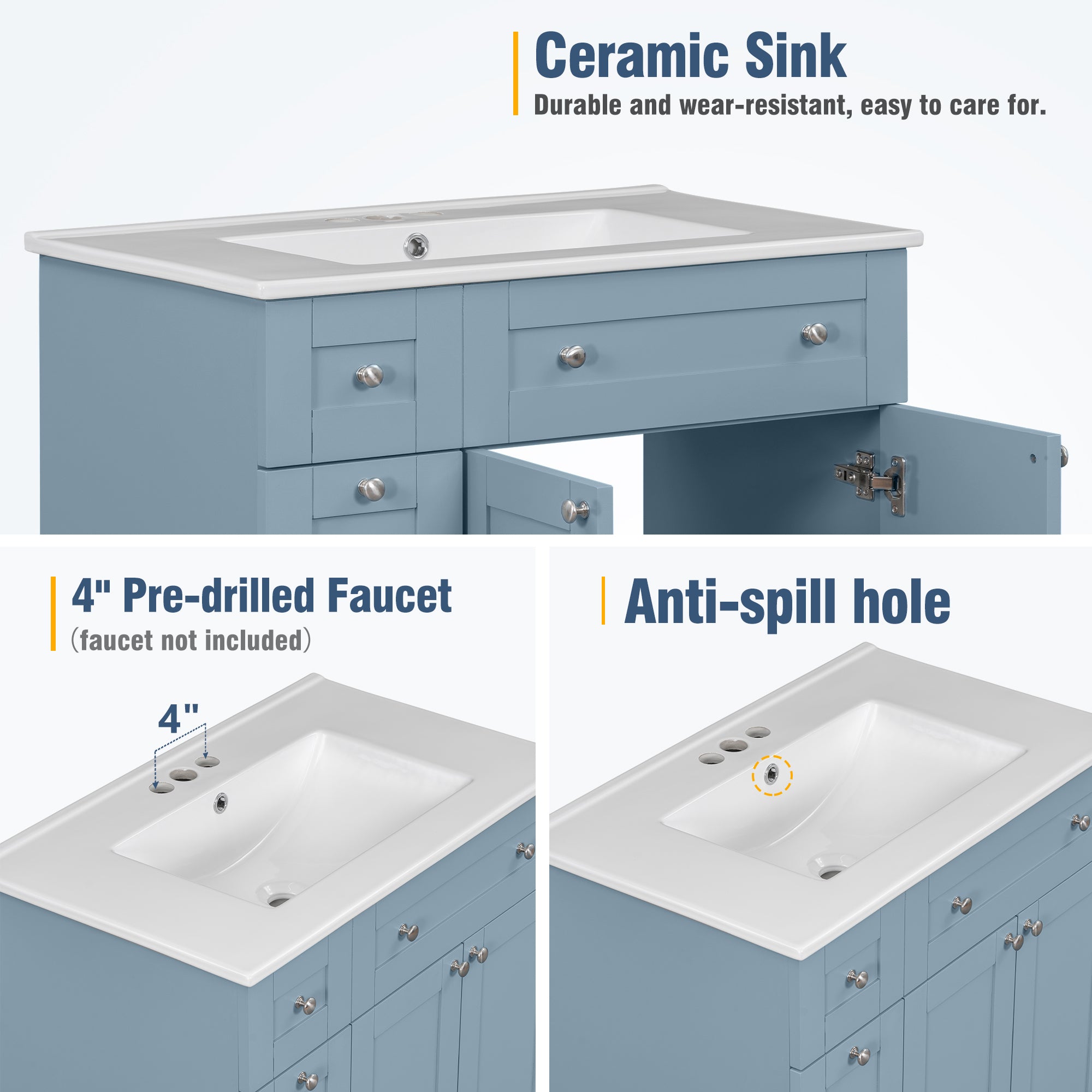 30-Inch Blue Bathroom Vanity with Ceramic Sink Combo, Abundant Storage Cabinet - 2 Soft close Doors and Double-tier Deep Drawer