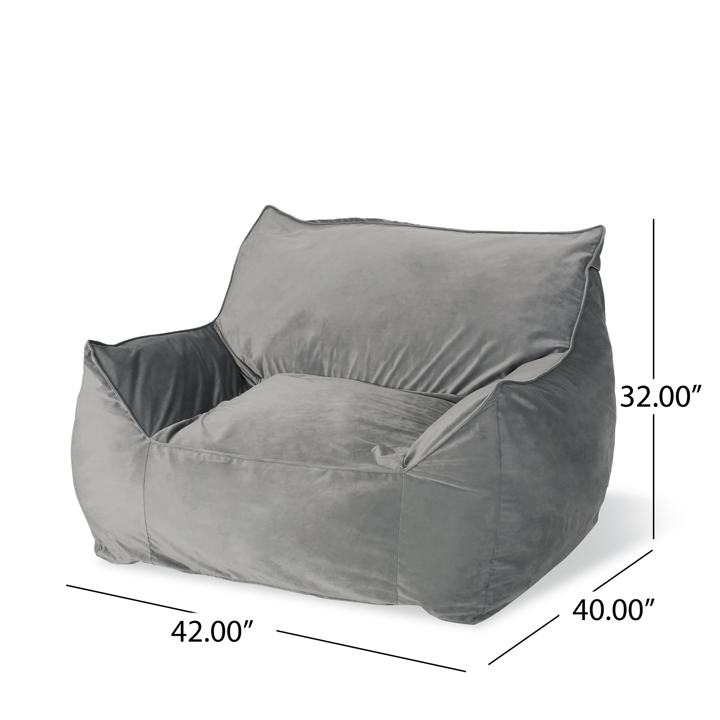 Allea Velveteen Bean Bag Chair with Armrests, Grey