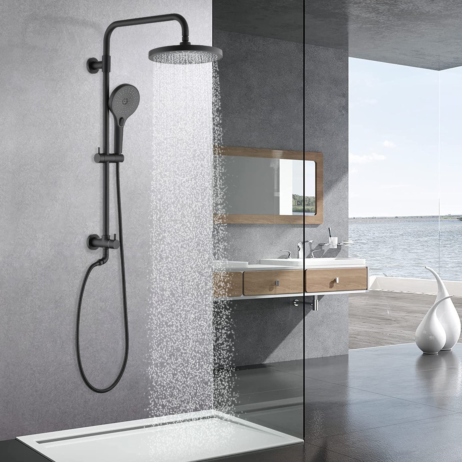 Shower Head with Handheld Shower System with 8" Rainfall Shower Head Shower System Dual Shower Combo 3-Setting Handheld Sprayer with Slide Bar Matte Black