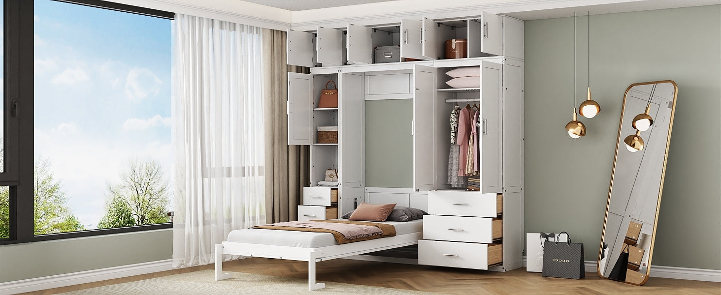 Twin Size Murphy Bed with Lockers and Wardrobes, With installation video, White