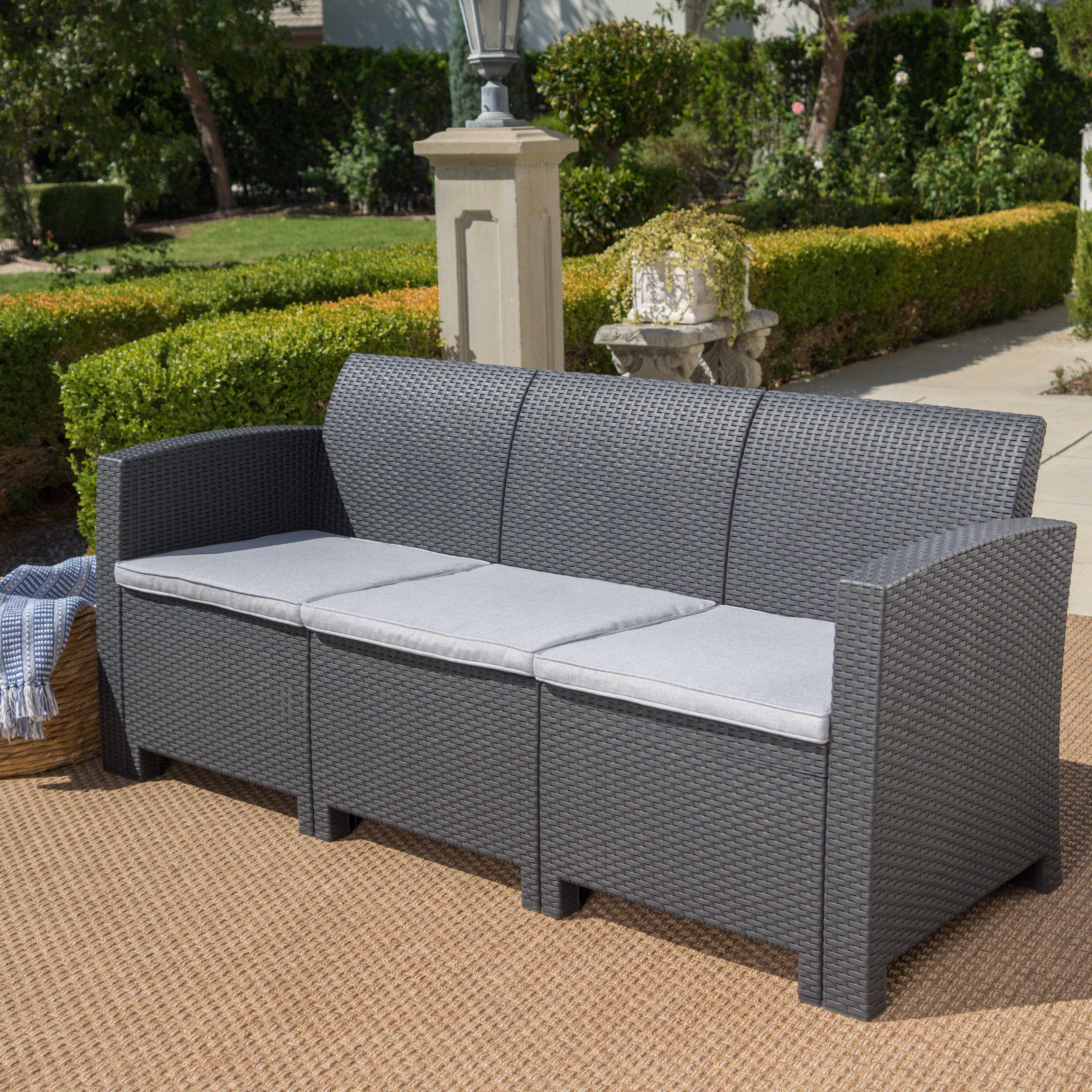 67.7" Outdoor 3-Seater Faux Wicker Rattan Style Sofa with Water Resistant Cushions, Charcoal / Light Grey