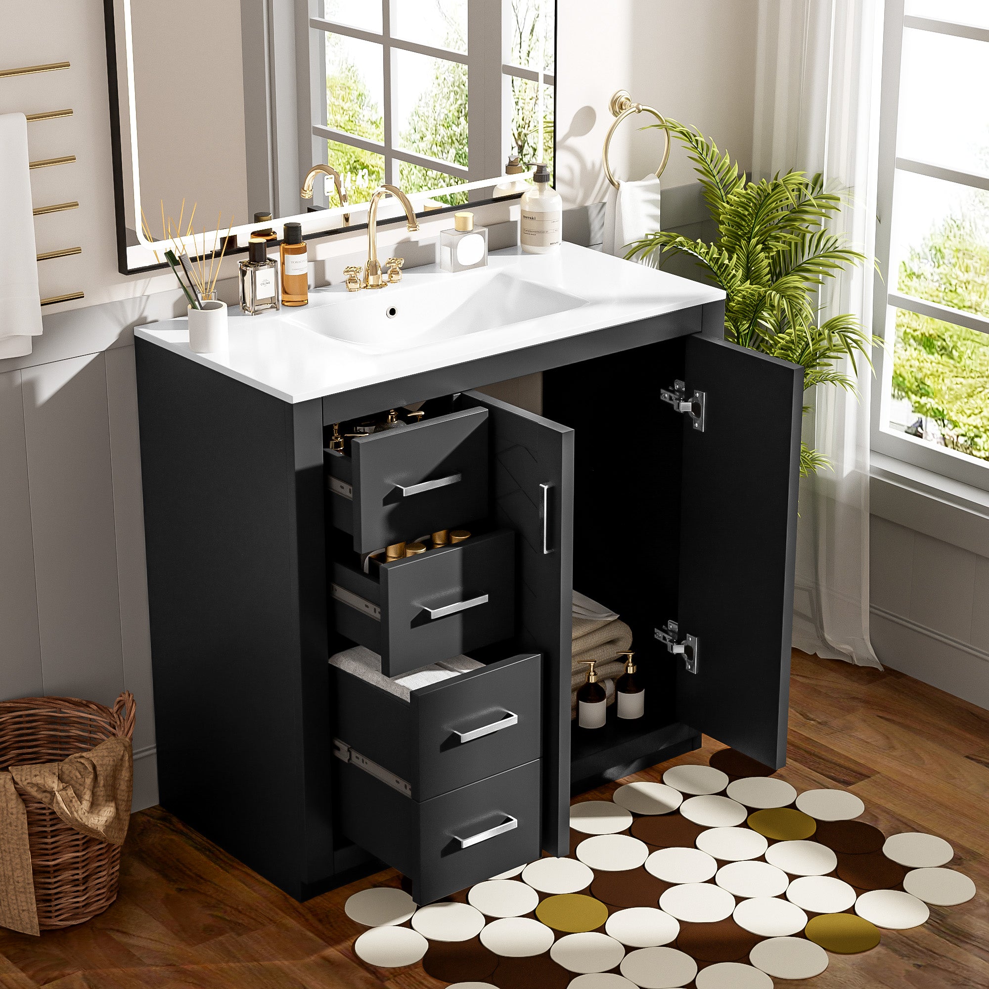 36-inch solid wood bathroom vanity with ceramic sink, angled view