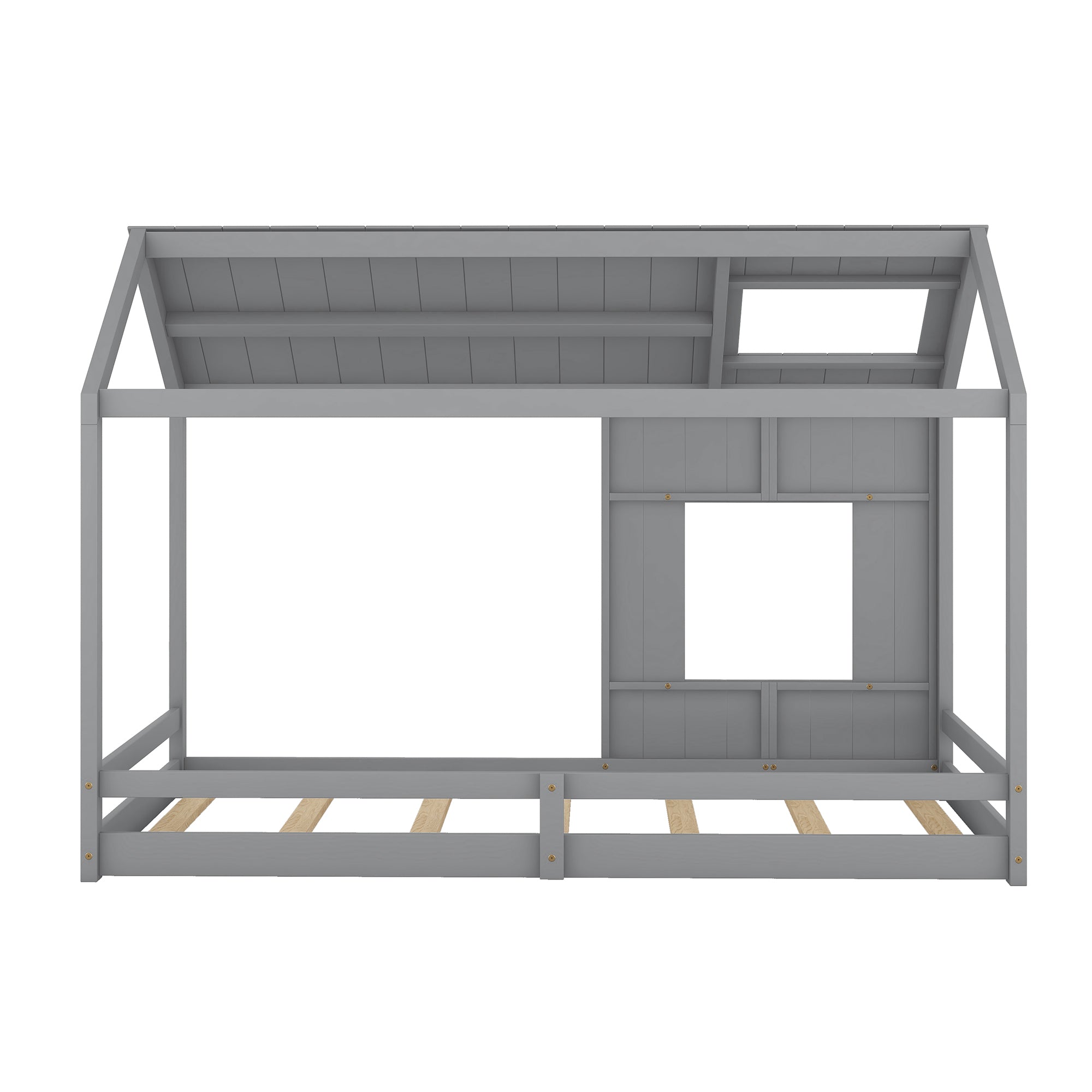 Twin Size House Bed with Roof and Window - Gray