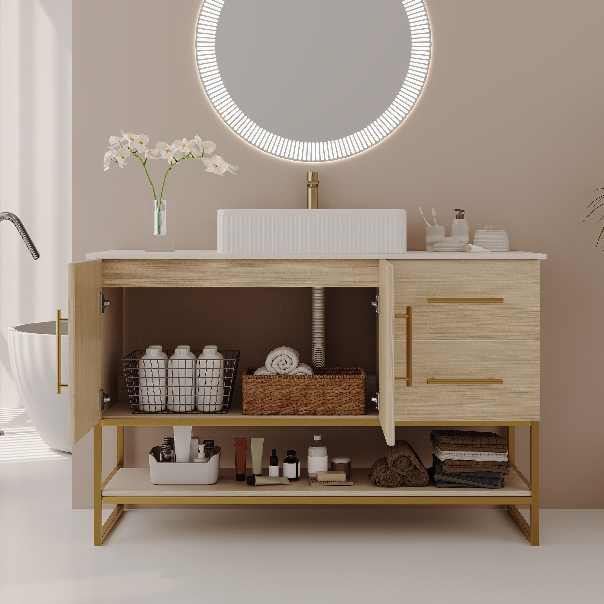 47.2 inch freestanding bathroom vanity cabinet with gold accents, side view