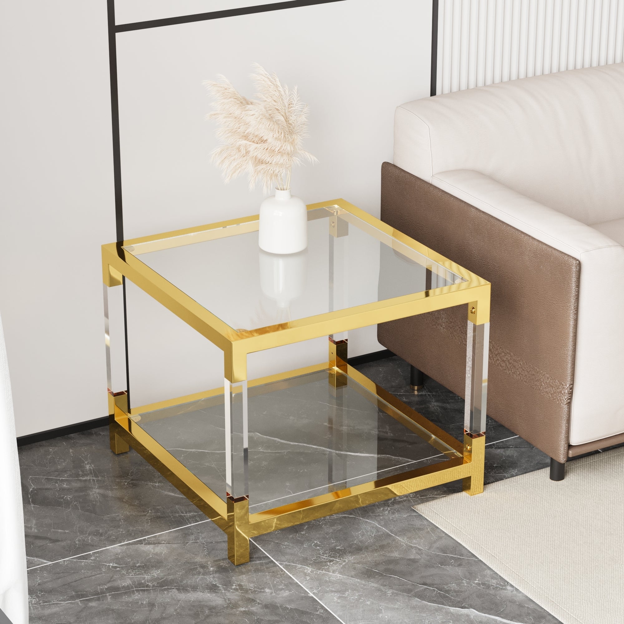 Modern minimalist living room furniture set, stylish transparent acrylic leg coffee table, square edge table, tempered glass face tea table combination gold end table