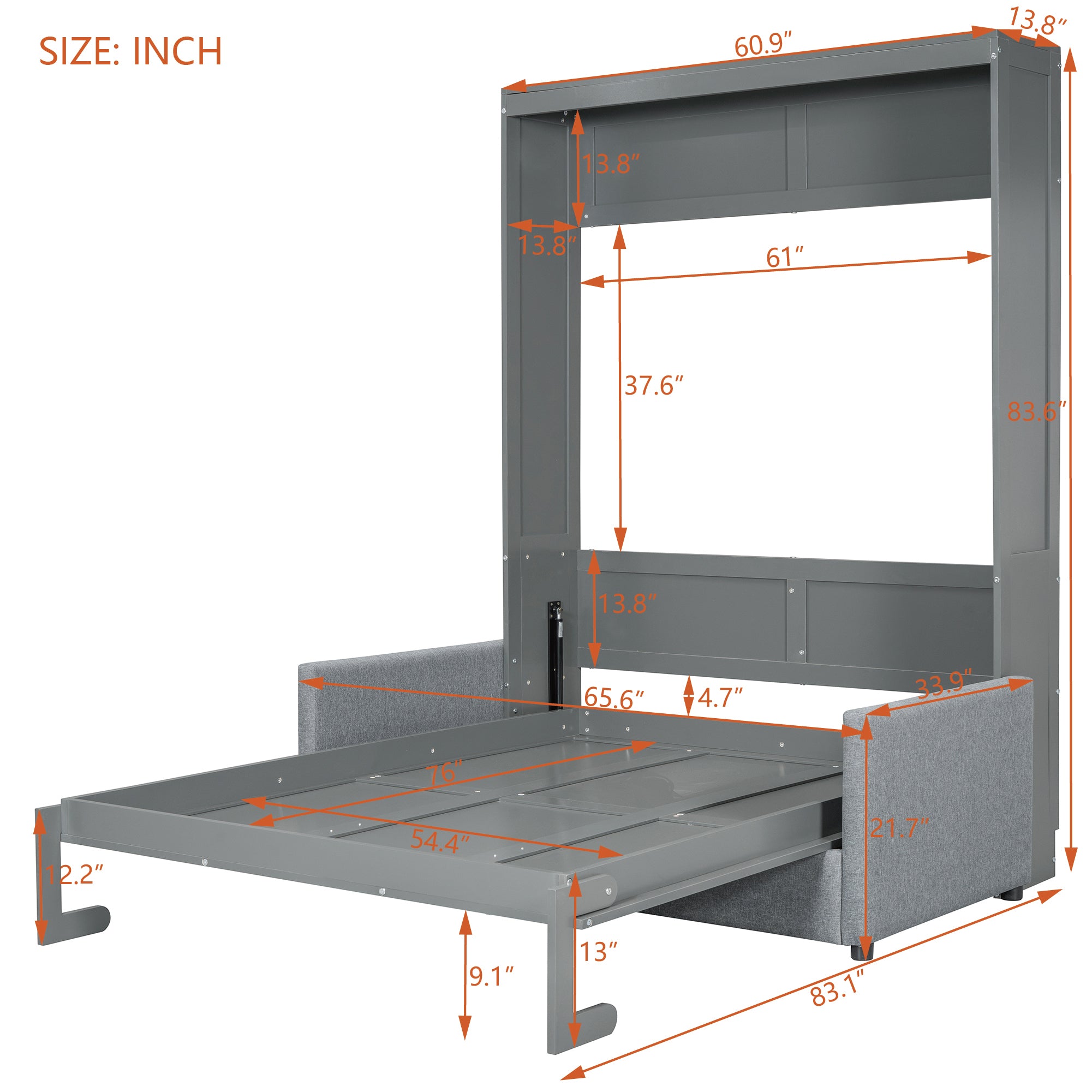 Full Size Murphy Bed Wall Bed with Cushion,Gray