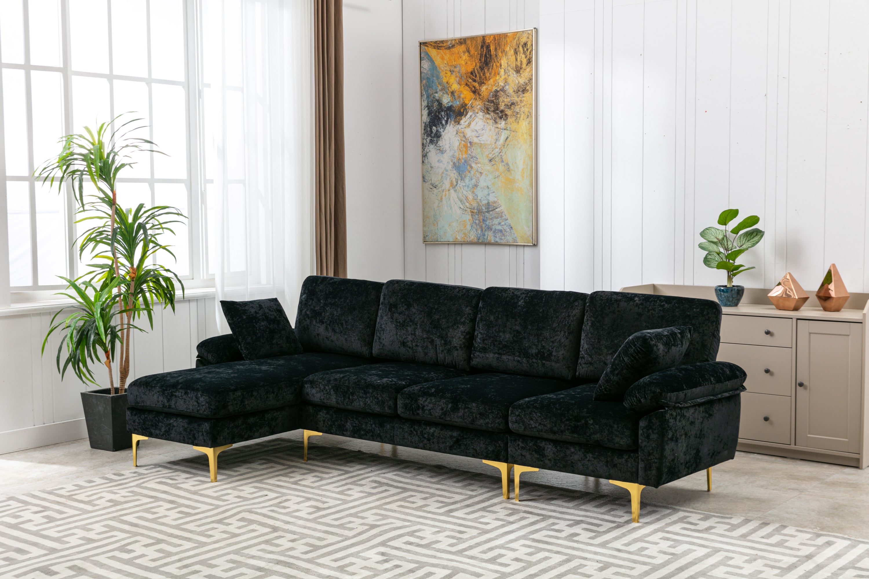 COOLMORE U-shape sectional sofa  with Ottoman , Reversible Sofa Couch for Living Room,Spacious Furniture,Durable Couch Removable and machine washable cover (Black Velvet)