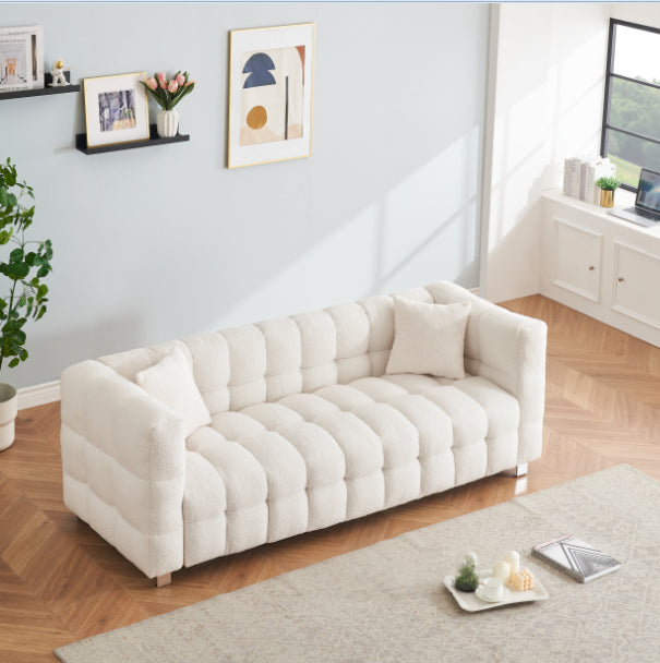 Sophisticated Comfort: Beige White Teddy Plush Sofa - 80 Inch, Perfect for Living Room or Bedroom, Includes Two Throw Pillows and Heavy-Duty Hardware Foot Support