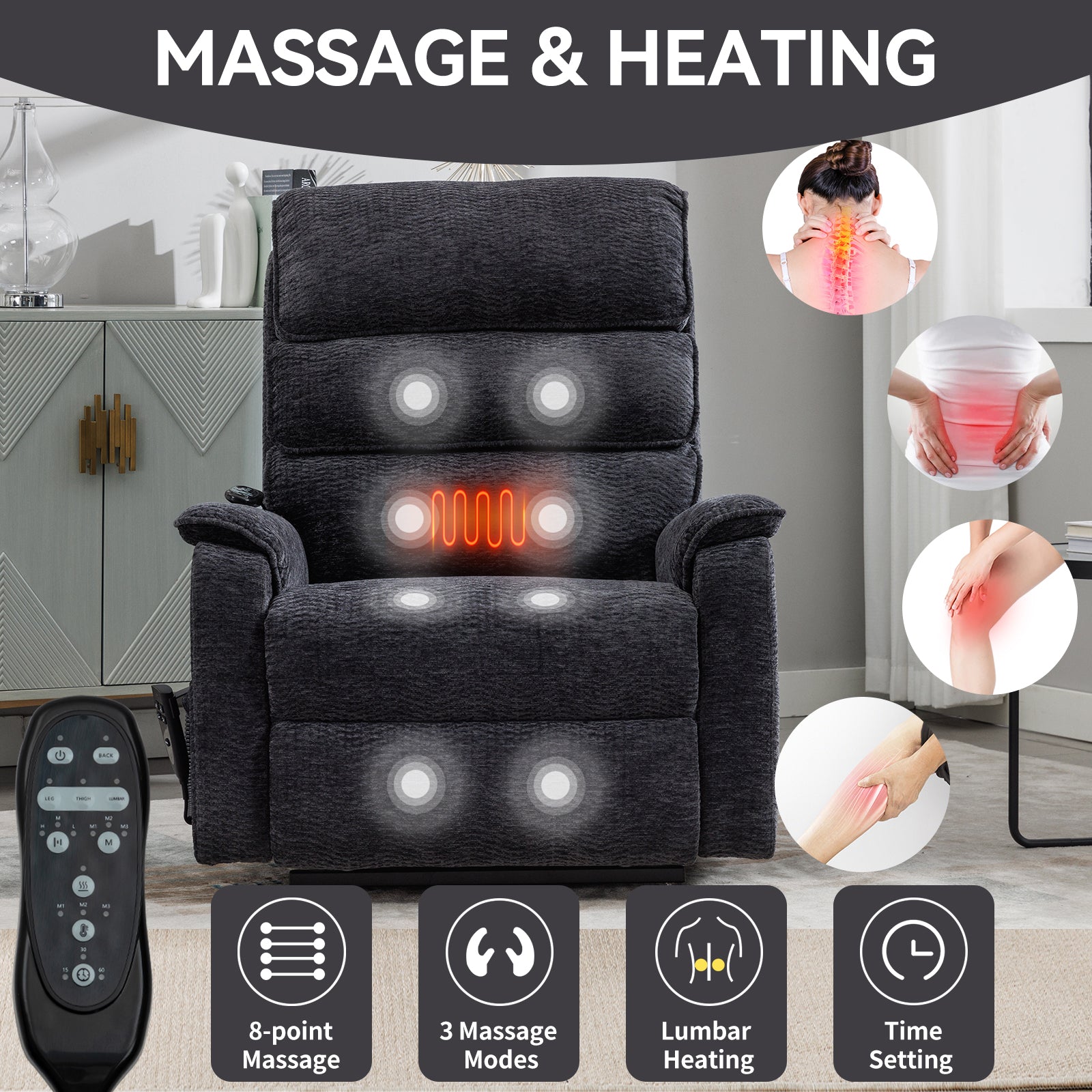 Grey Chenille Dual Motor Infinite Position Up to 350 LBS Power Lift Recliner Chair with Power-Remote, Heat Massage and Heavy Duty Motion Mechanism