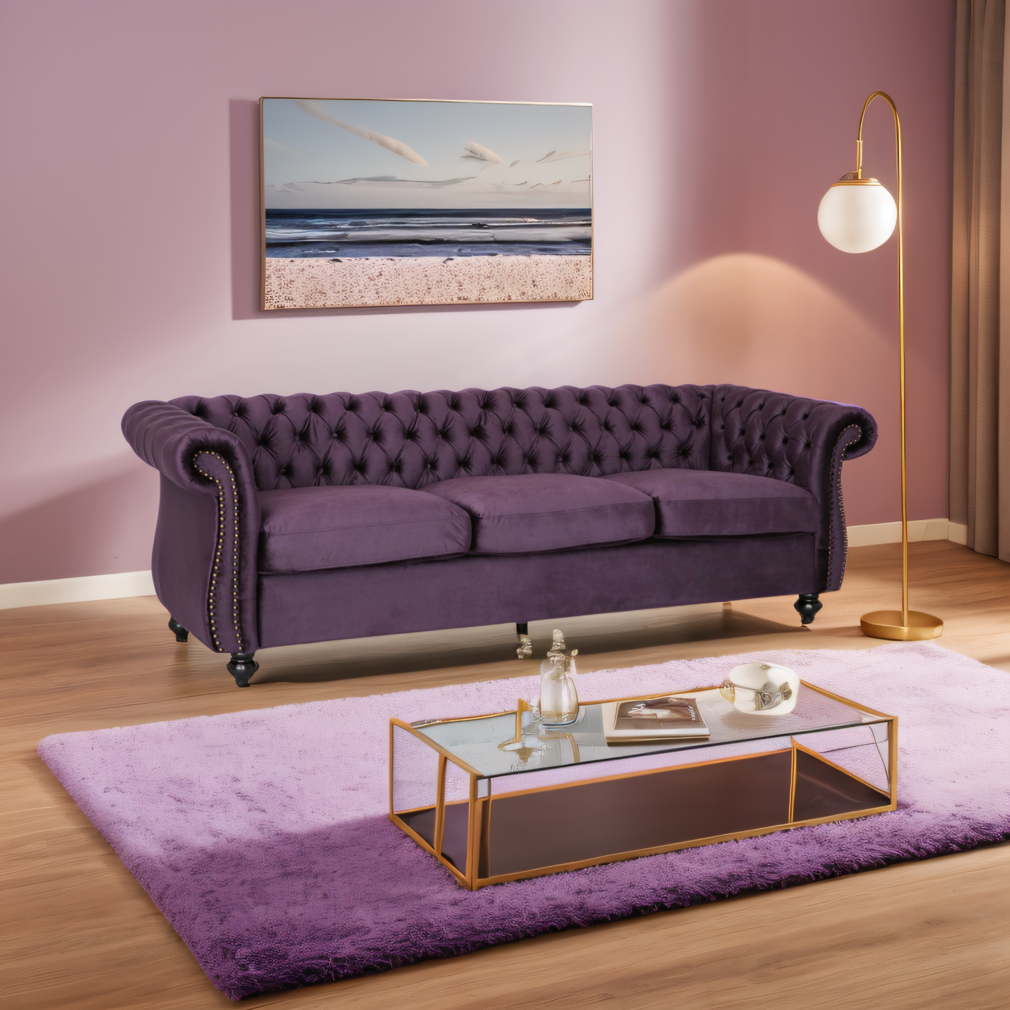 Luxurious 3-Seater Purple Velvet Sofa, Featuring a Classic Design with Modern Elegance, Perfect for Adding Sophistication and Style to Any Living Room, Plush Comfort and Durable Craftsmanship