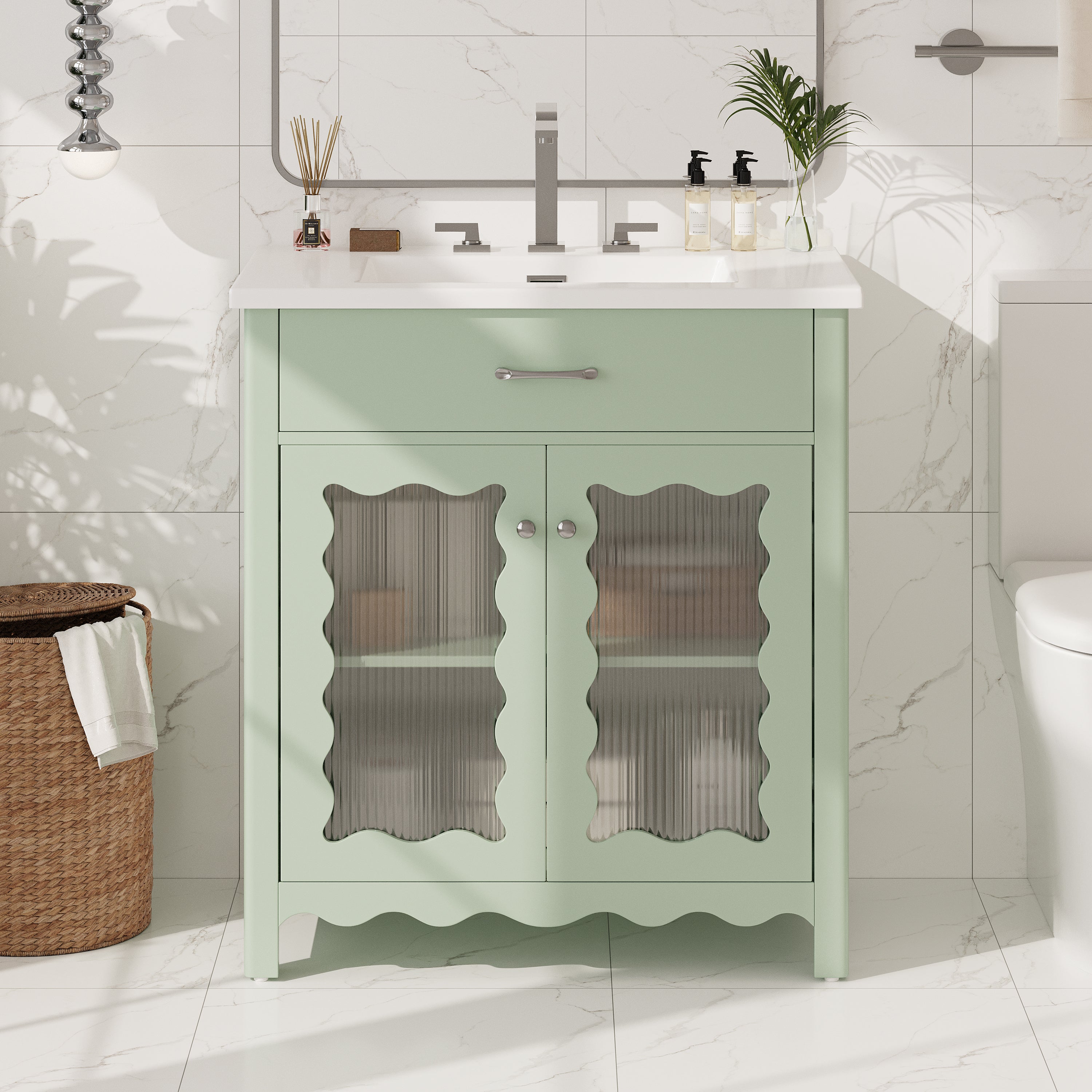 Green 30 inch bathroom vanity with rubber wood legs, angled view