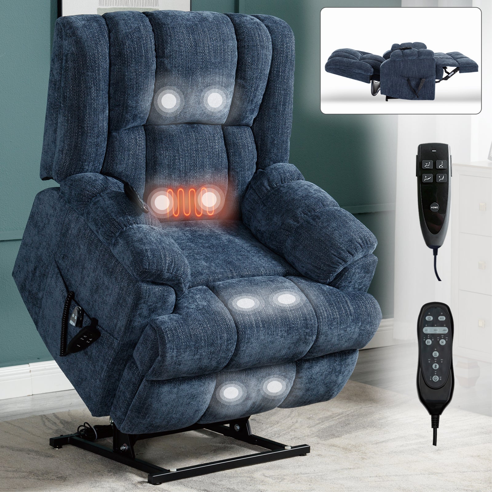 Dual Motor Heat Massage Infinite Position Up to 350 LBS Electric Power Lift Recliners with Power-Remote, Medium-firm and Heavy Duty, Blue