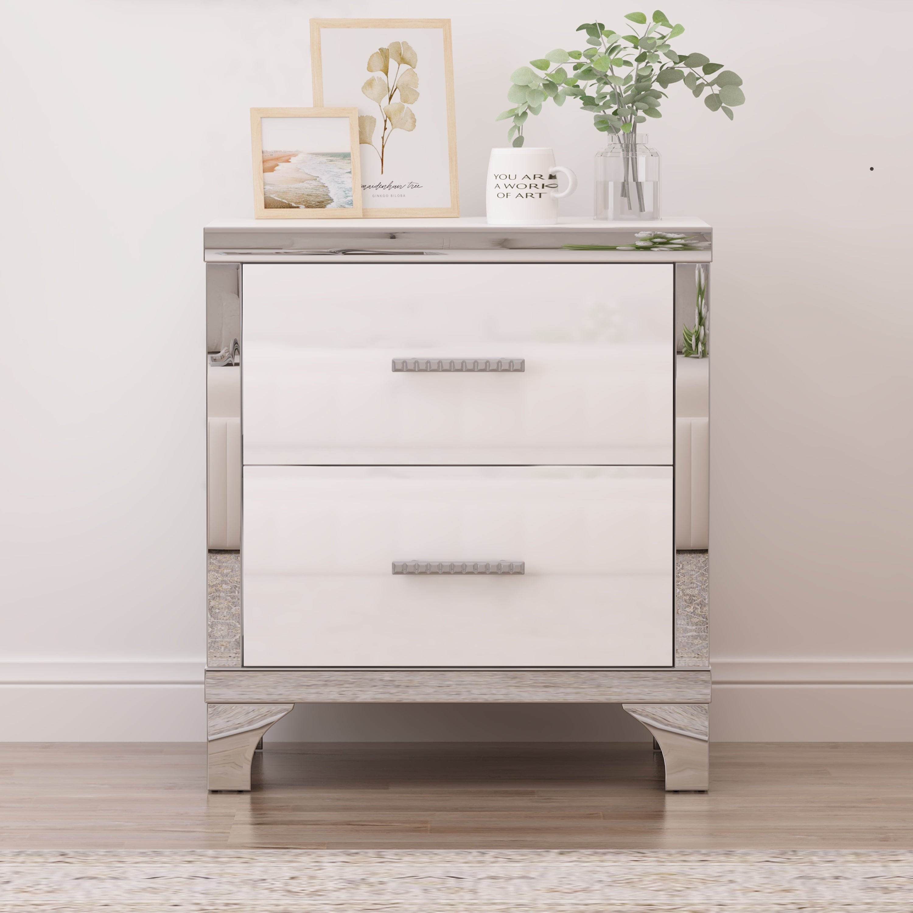 High gloss white mirrored nightstand with metal handles, drawers open