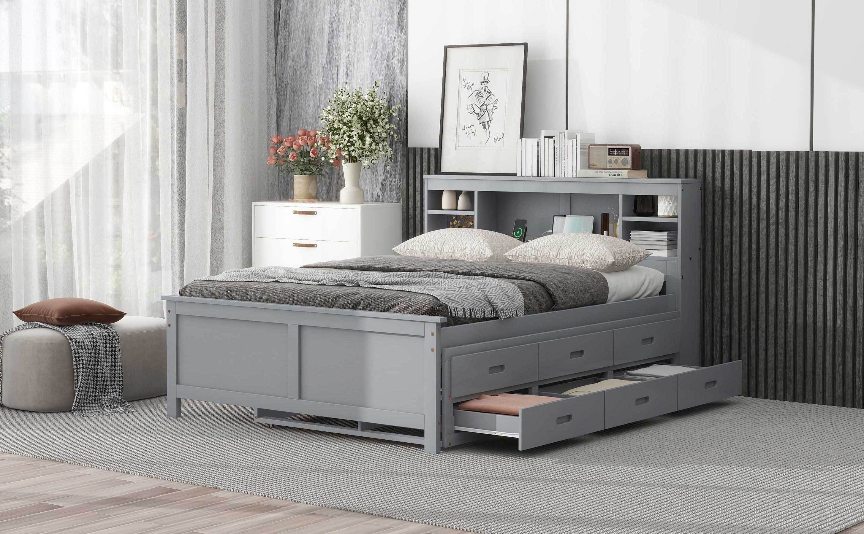 Full Size Platform Bed with Storage Headboard, USB, Twin Size Trundle and 3 Drawers, Gray