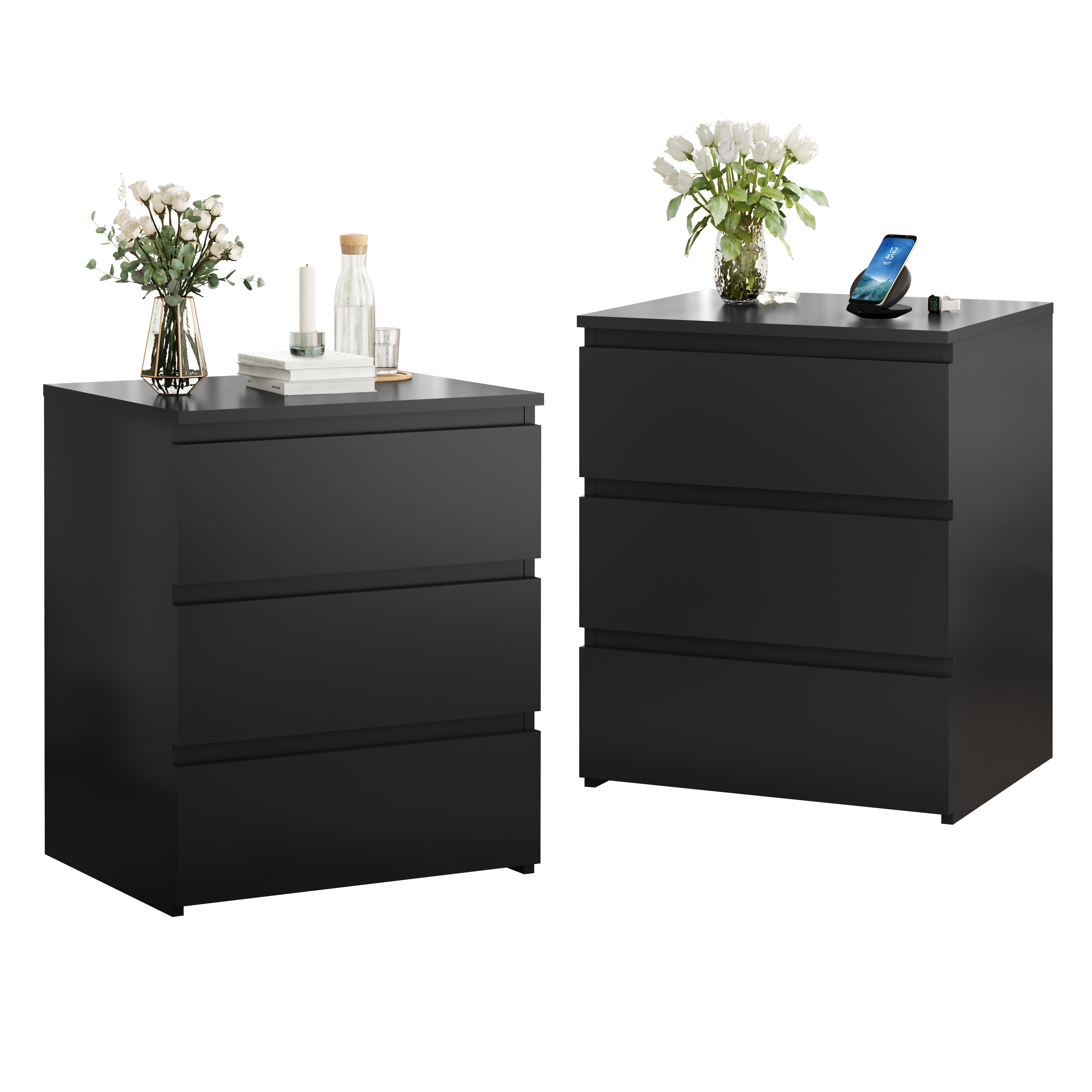 Set of 2 wooden 3-drawer side tables, dimensions and detail view