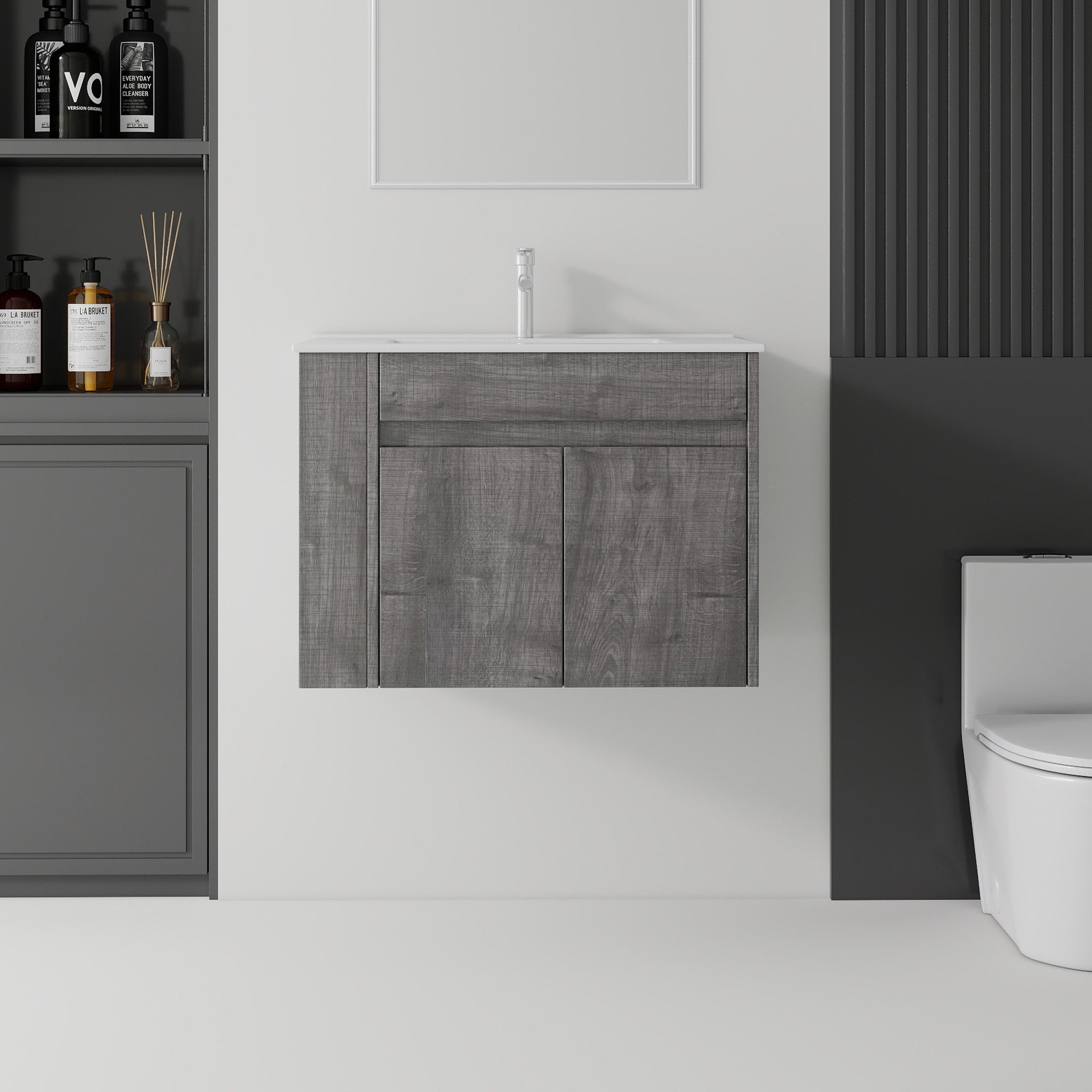 30 inch floating bathroom vanity in grey with ceramic sink, front view