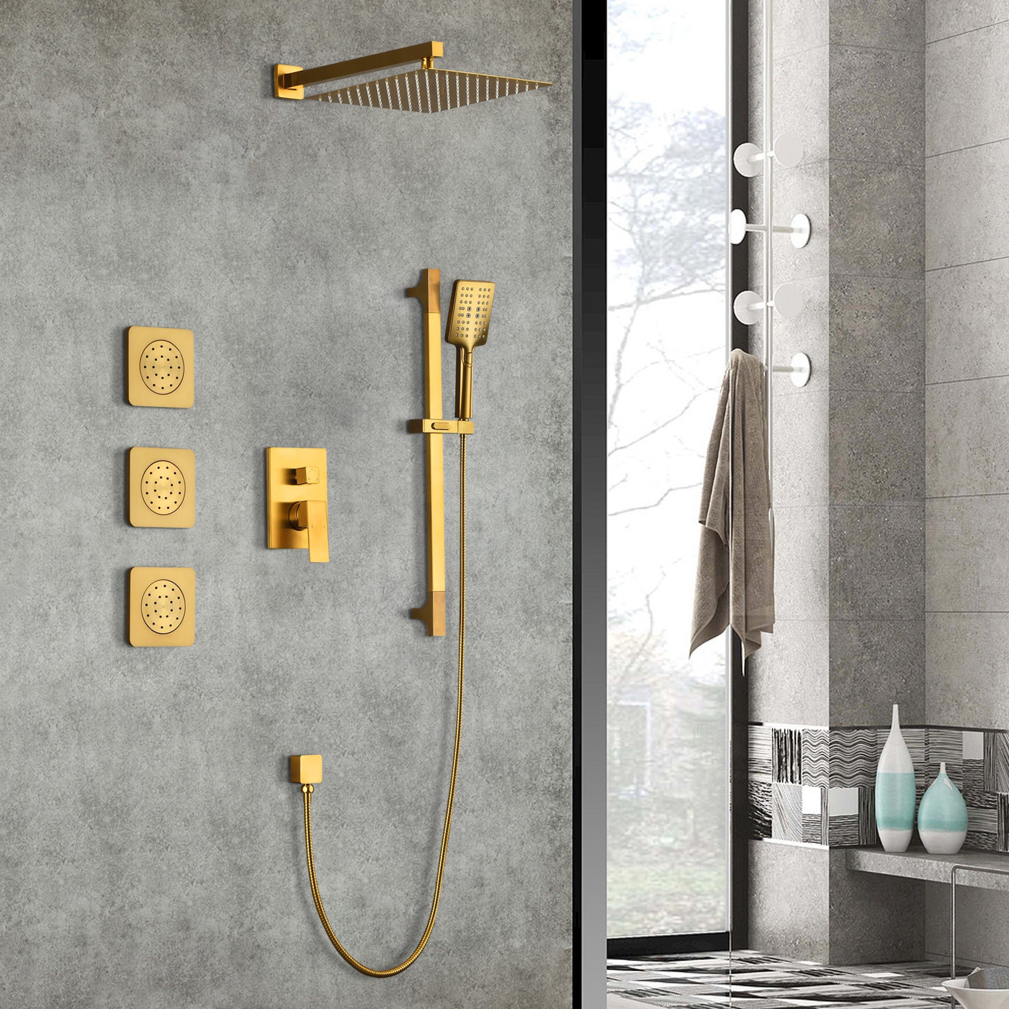 Shower System with Shower Head, Hand Shower, Slide Bar, Bodysprays, Shower Arm, Hose, Valve Trim, and Lever Handles