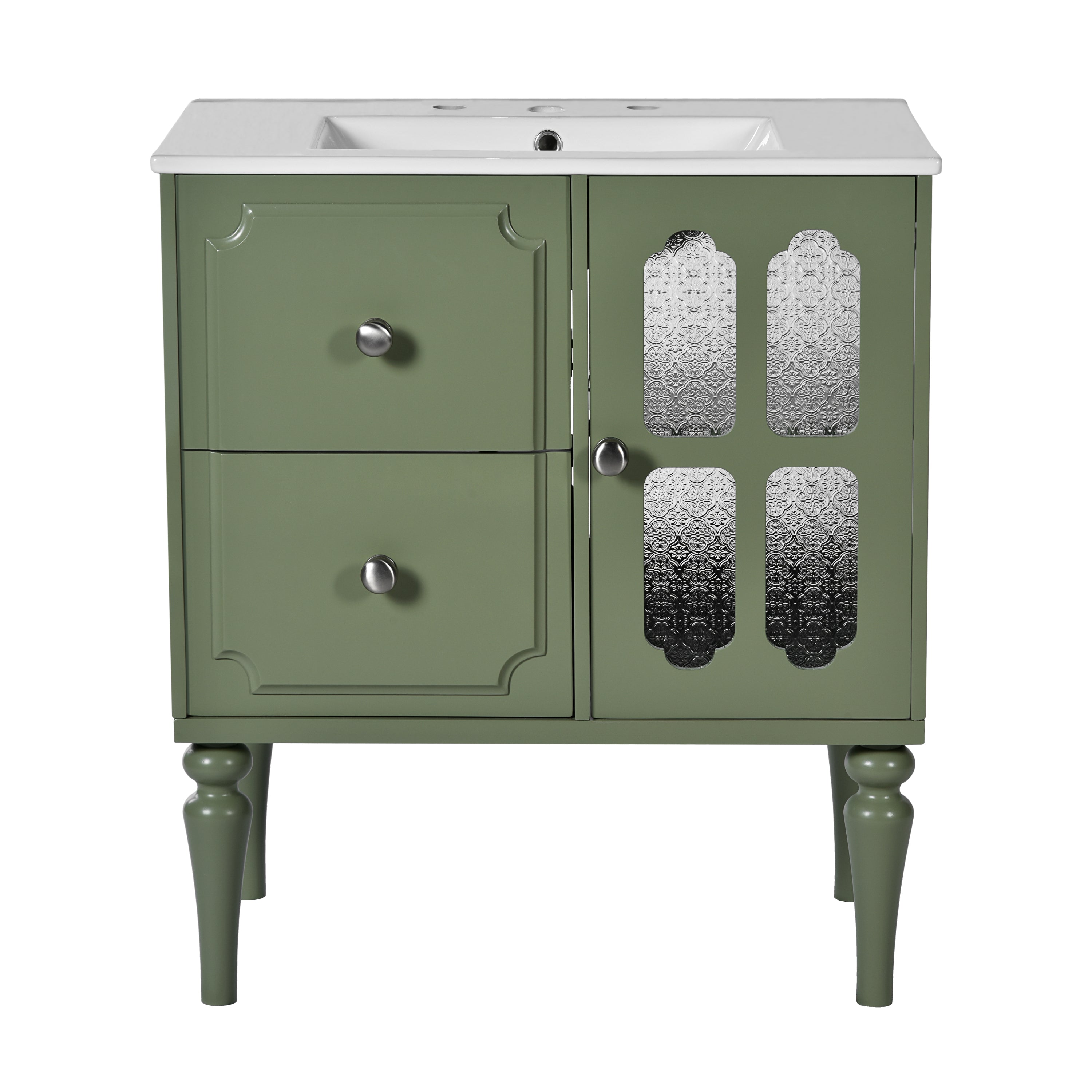 Retro Style 30'' Bathroom Vanity with Ceramic Sink Combo, Freestanding Single Vanity with 2 Drawers, Solid Wood Frame Bathroom Storage Cabinet, Green