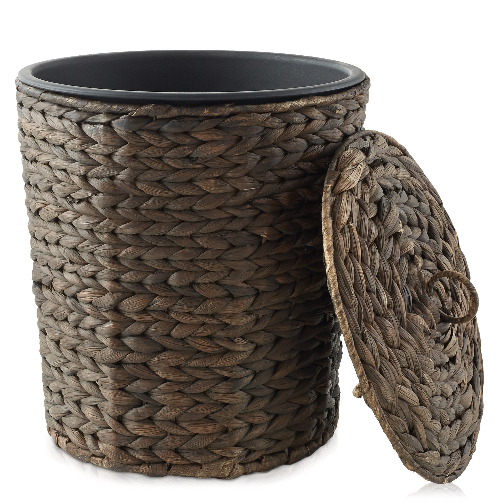 Bathroom Trash Can with Lid, Small Woven Hyacinth Wicker Waste Basket