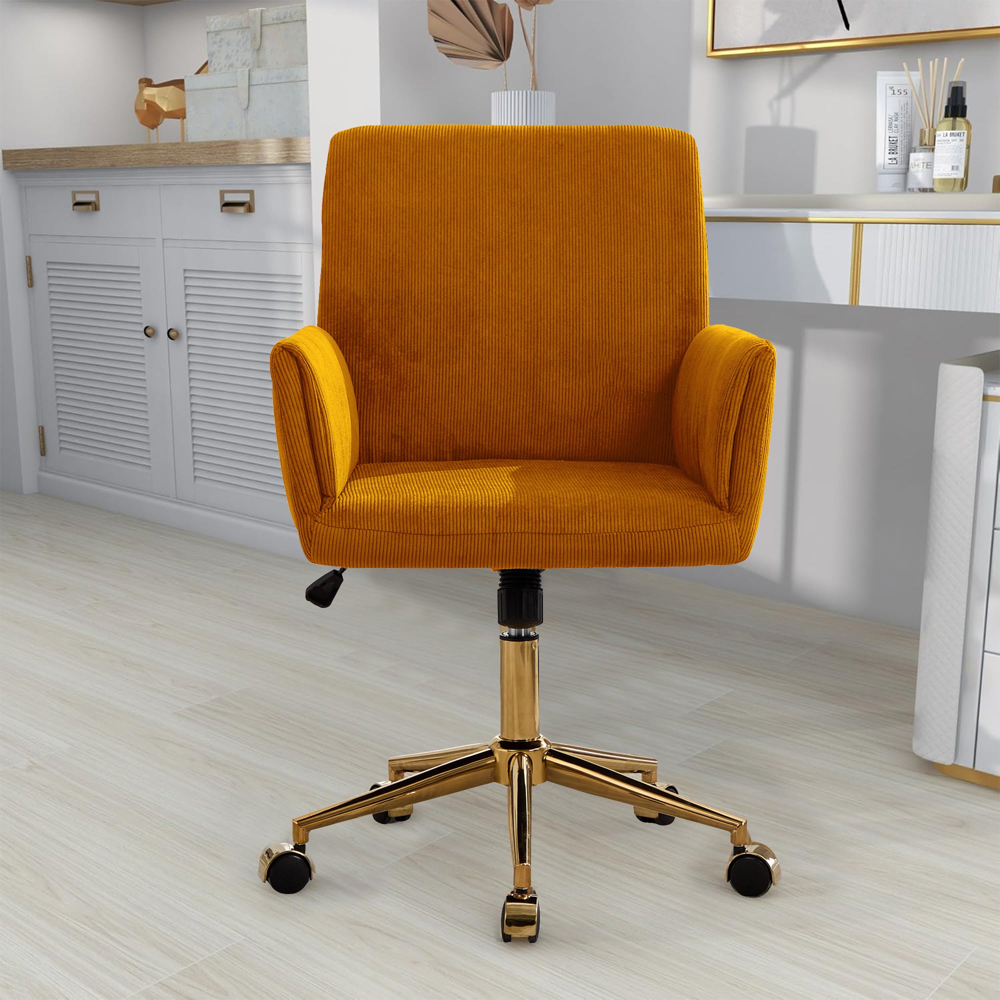 TS Corduroy home decor office desk and chair, modern height adjustable 360 ° armchair with gold base, ergonomic computer chair, leisure chair 1pc Yellow