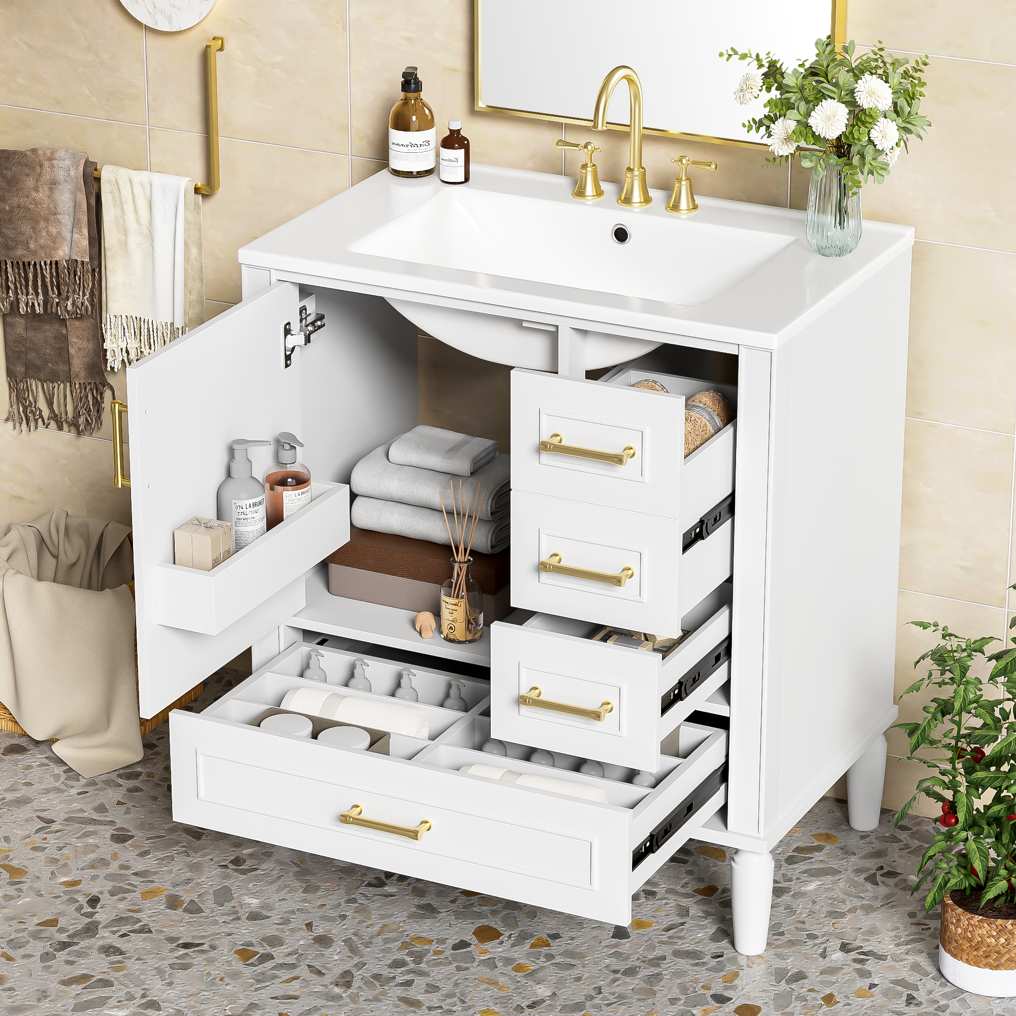 30-inch modern bathroom vanity with ceramic sink, front view