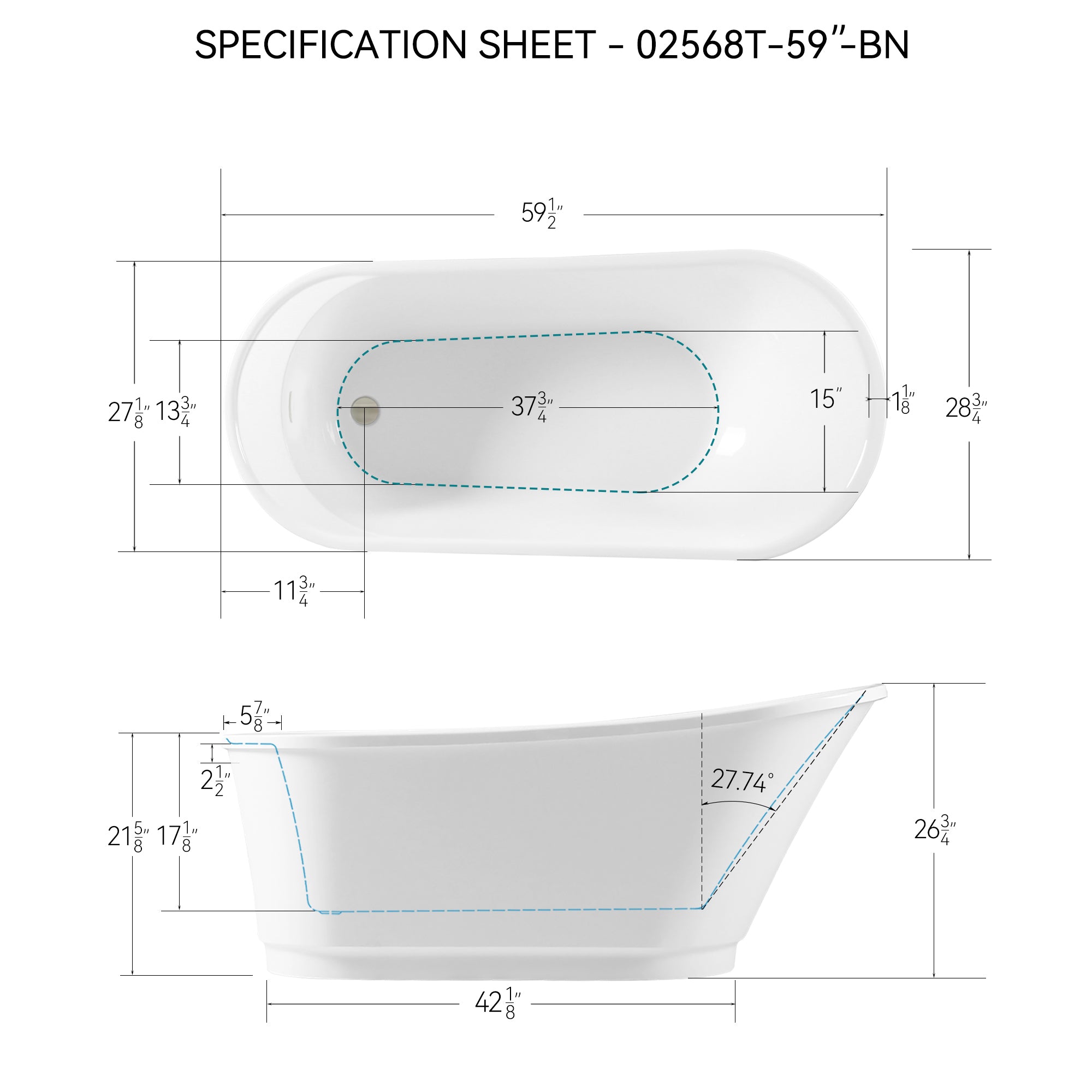 59" Acrylic Freestanding Bathtub, White Modern Stand Alone Soaking Bathtub, Brushed Nickel Drain and Minimalist Linear Design Overflow Included, cUPC Certified, 02568T-BN