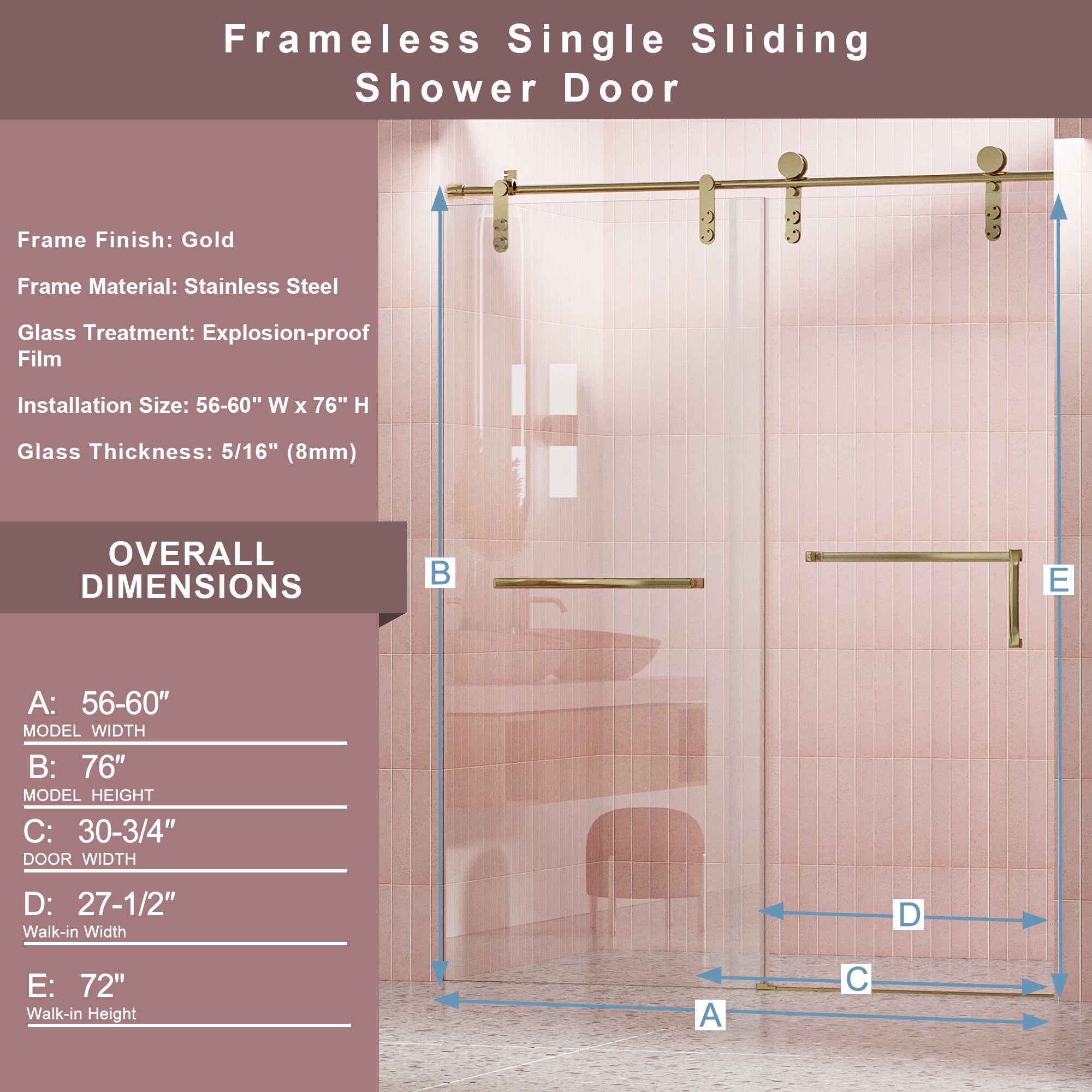 56"-60" W x 76" H Frameless Shower Door, Single Sliding Shower Door, 5/16" (8mm) Clear Tempered Glass Shower Door with Explosion-Proof Film, Stainless Steel Hardware, Gold 24D210-60G-COMBO-1