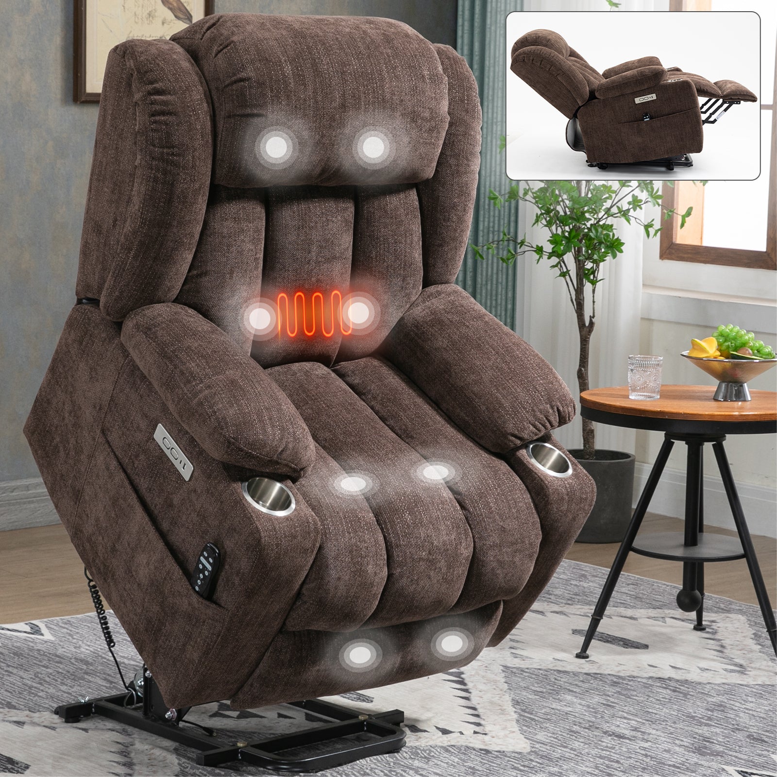 Up to 350 LBS Chenille Power Lift Recliner Chair, Heavy Duty Motion Mechanism with 8-Point Vibration Massage and Lumbar Heating, USB and Type-C Ports, Stainless Steel Cup Holders, Brown